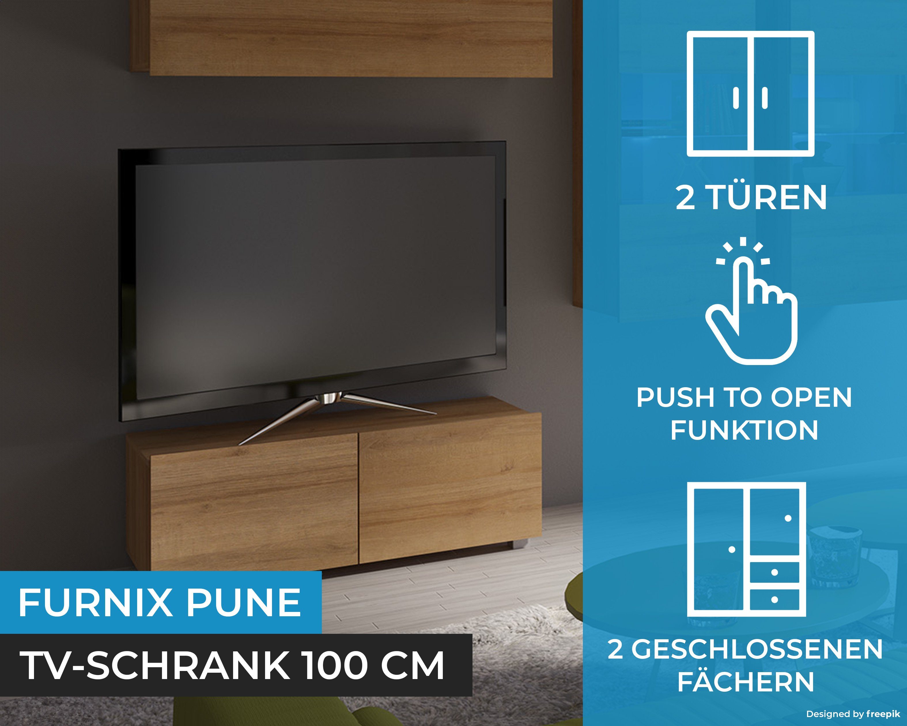 möglich TV-Schrank PUNE Wandmontage TV-Lowboard 100 oder Wohnzimmer Eiche Goldene fürs Furnix Wahl nach freistähend