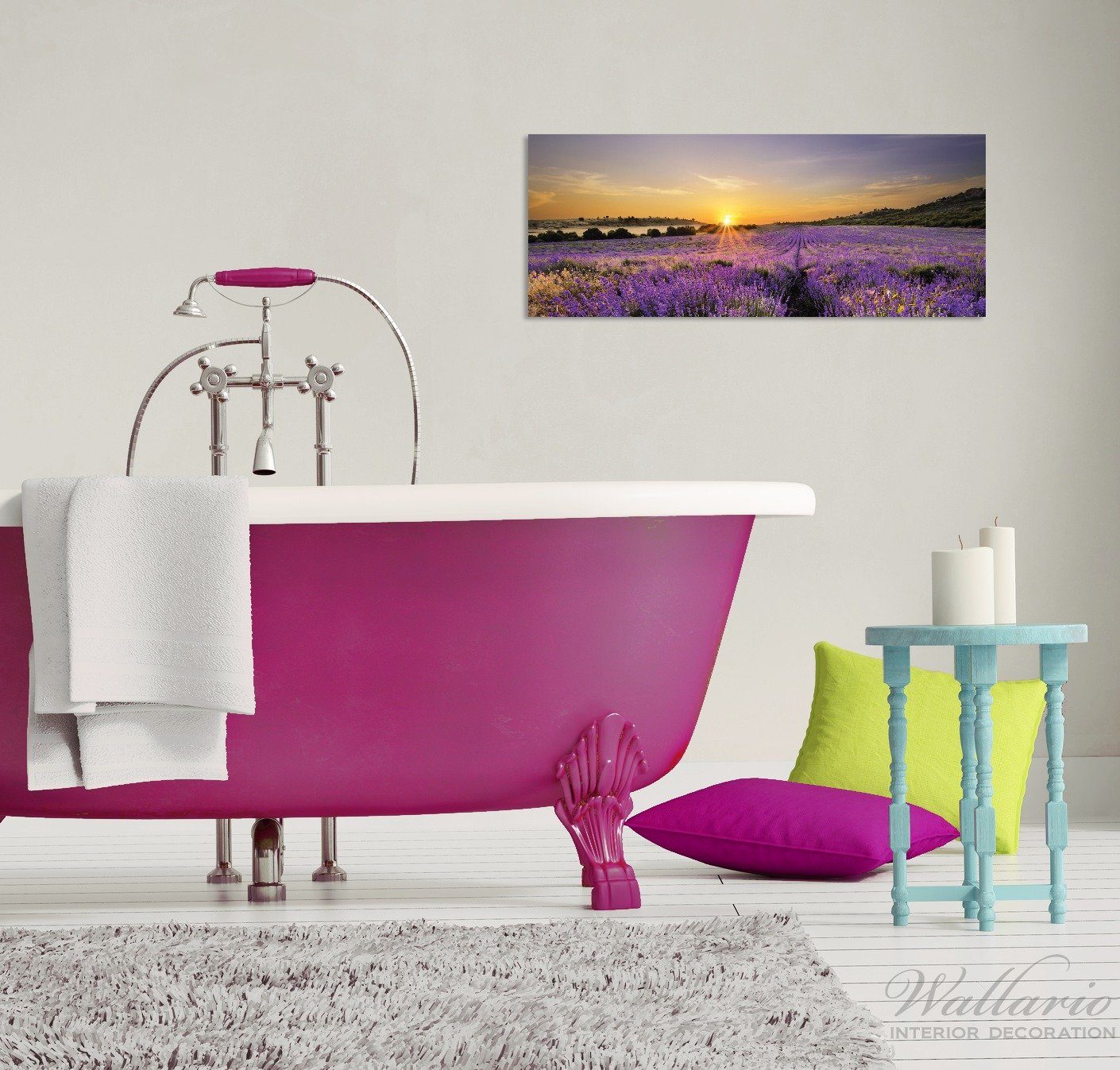Wallario Glasbild, Sonnenuntergang über dem Lavendel, günstig online kaufen