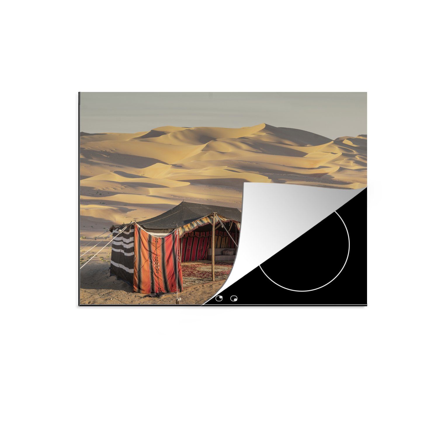 MuchoWow Herdblende-/Abdeckplatte Ein rotes Zelt in der Wüste, Vinyl, (1 tlg), 70x52 cm, Mobile Arbeitsfläche nutzbar, Ceranfeldabdeckung