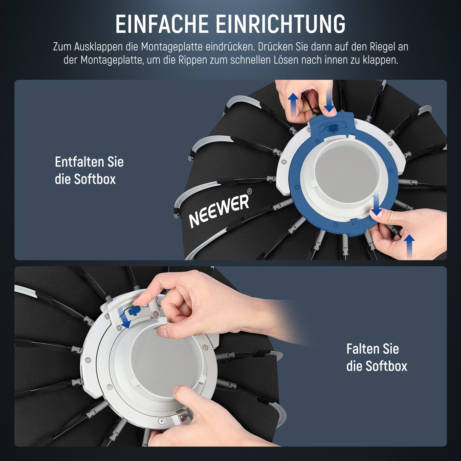 Neewer Softbox NS73P 120cm Parabol Softbox Kit mit Lichtdiffusoren, Bowens Halterung, für Studio Fotografie, kompatibel mit Aputure 120d & Godox SL60w