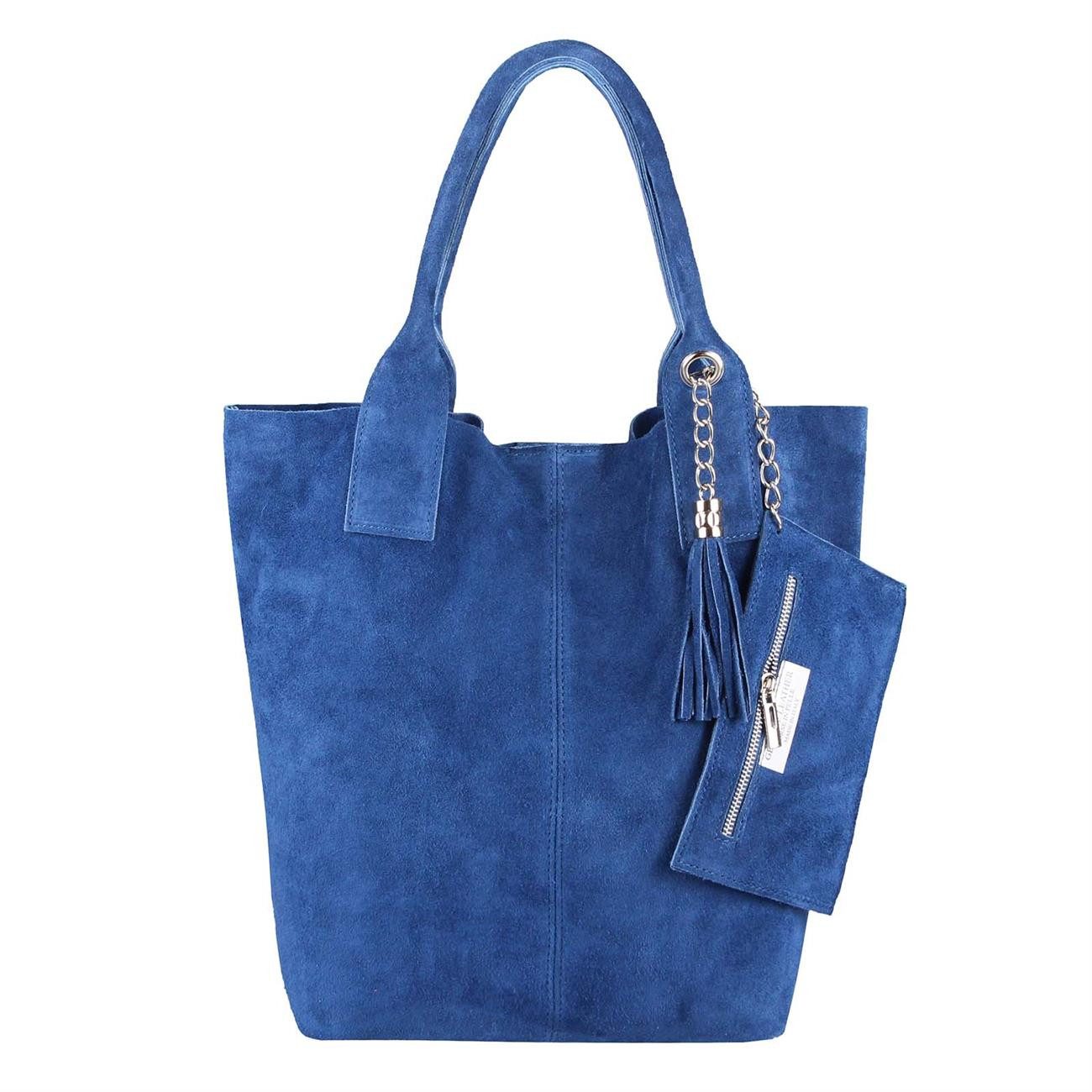ITALYSHOP24 Schultertasche Made in Italy Damen Leder Wildleder A4 Shopper Schultertasche Hobo Bag, 5* PREMIUM leichte Handtasche/Henkeltasche mit Fransen & Schmucktasche