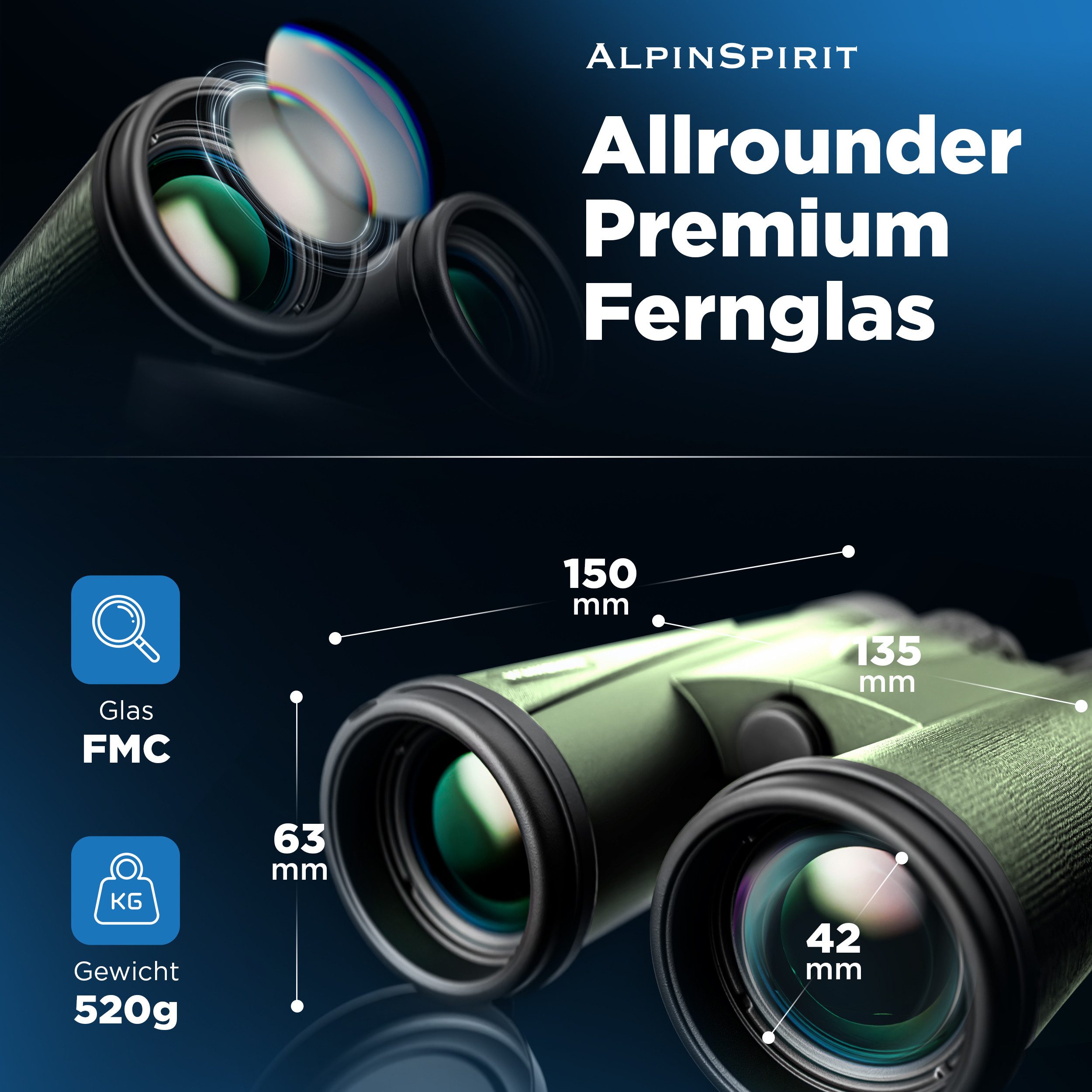 AlpinSpirit Fernglas 8x42 inkl. Tasche & Zubehör (Testsieger) – für Brillenträger Fernglas (8x42, Ideal für Sport, Reise, Freizeit - FMC & BAK4) – Bild 3 von 5