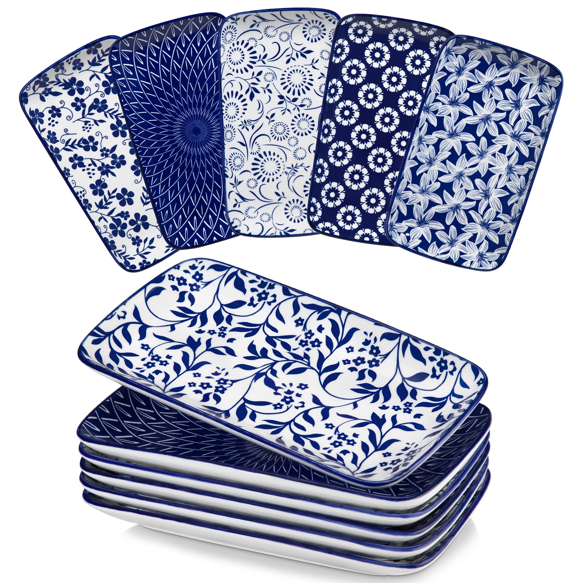 vancasso Sushiteller 6tlg Sushi-Platte, Porzellan Servierteller, rechteckig, Blau und Weiß, (6 St)