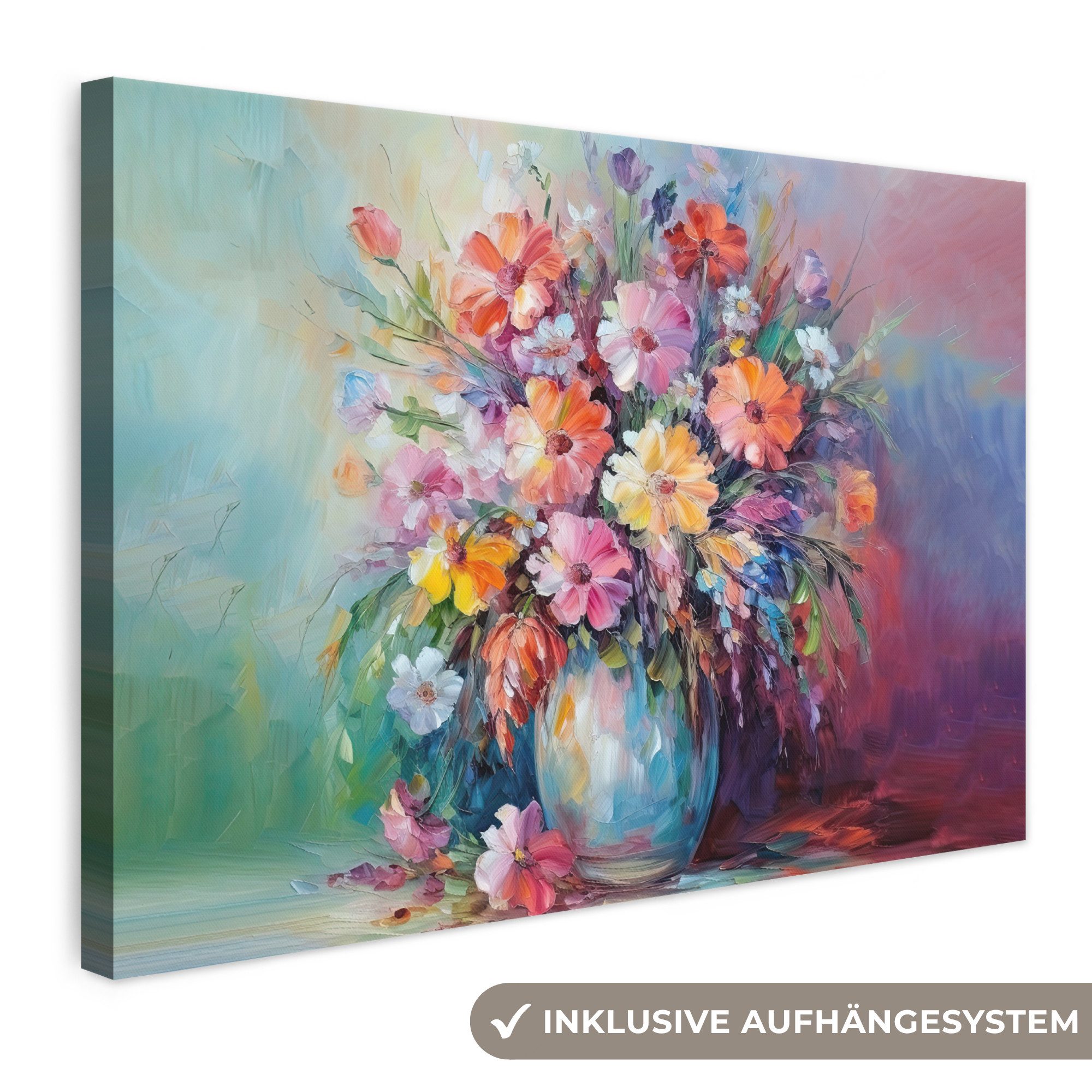 OneMillionCanvasses® Leinwandbild Blumen - Kunst - Malerei - Frühling - Blumenstrauß, Fotodruck (1 St), Leinwand Bilder Klein, Wand Dekoration Aesthetic 30x20 cm