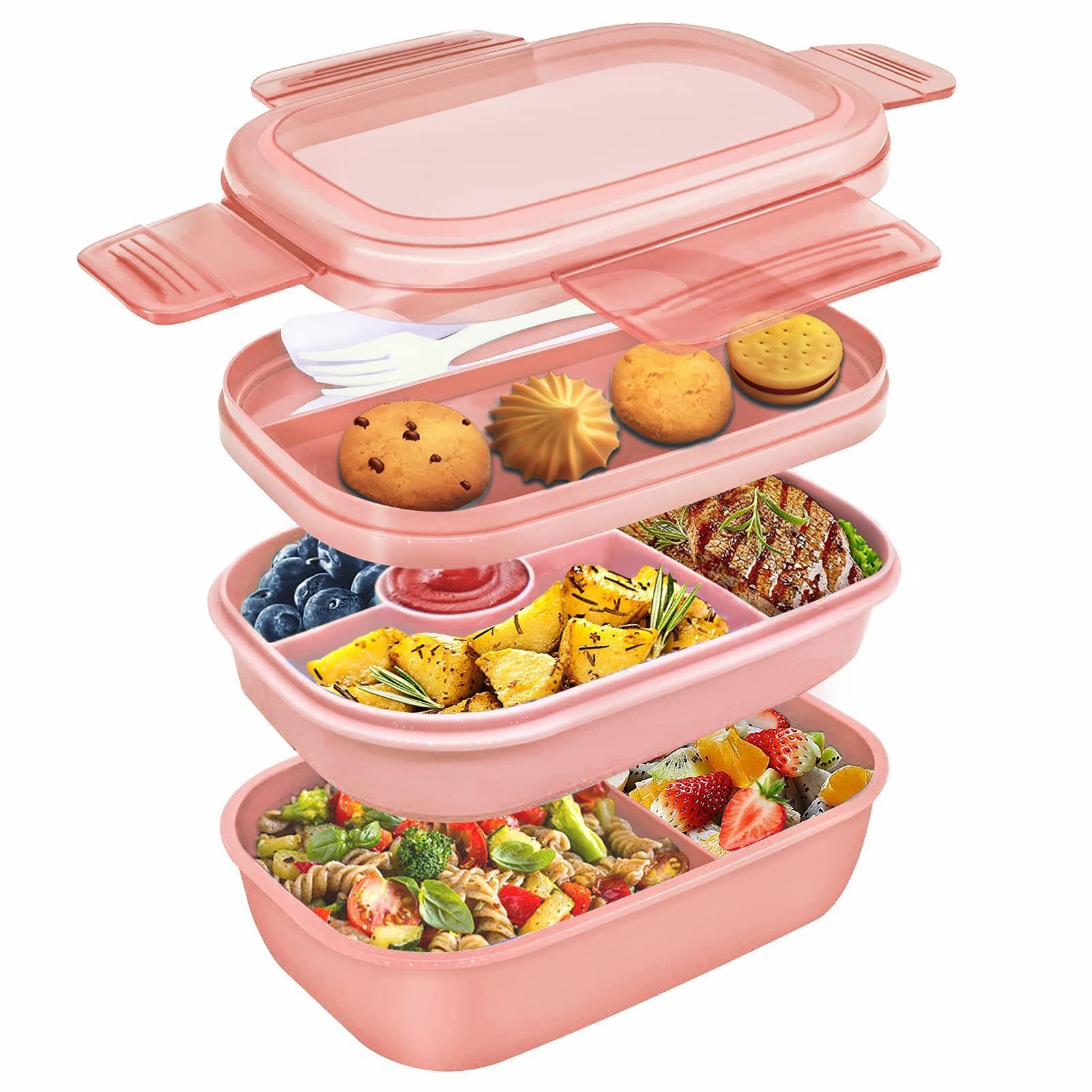 AURIVION Lunchbox Bento Lunchbox 1900ml mit Fächern & Besteck für Kinder & Erwachsene, Silikon, (Set, 4-tlg., 3-Schichten Brotdose mit Obstfach, auslaufsichere Salatbox), Lunchbox mit Cutlery, ideal für Schule, Arbeit & Reisen