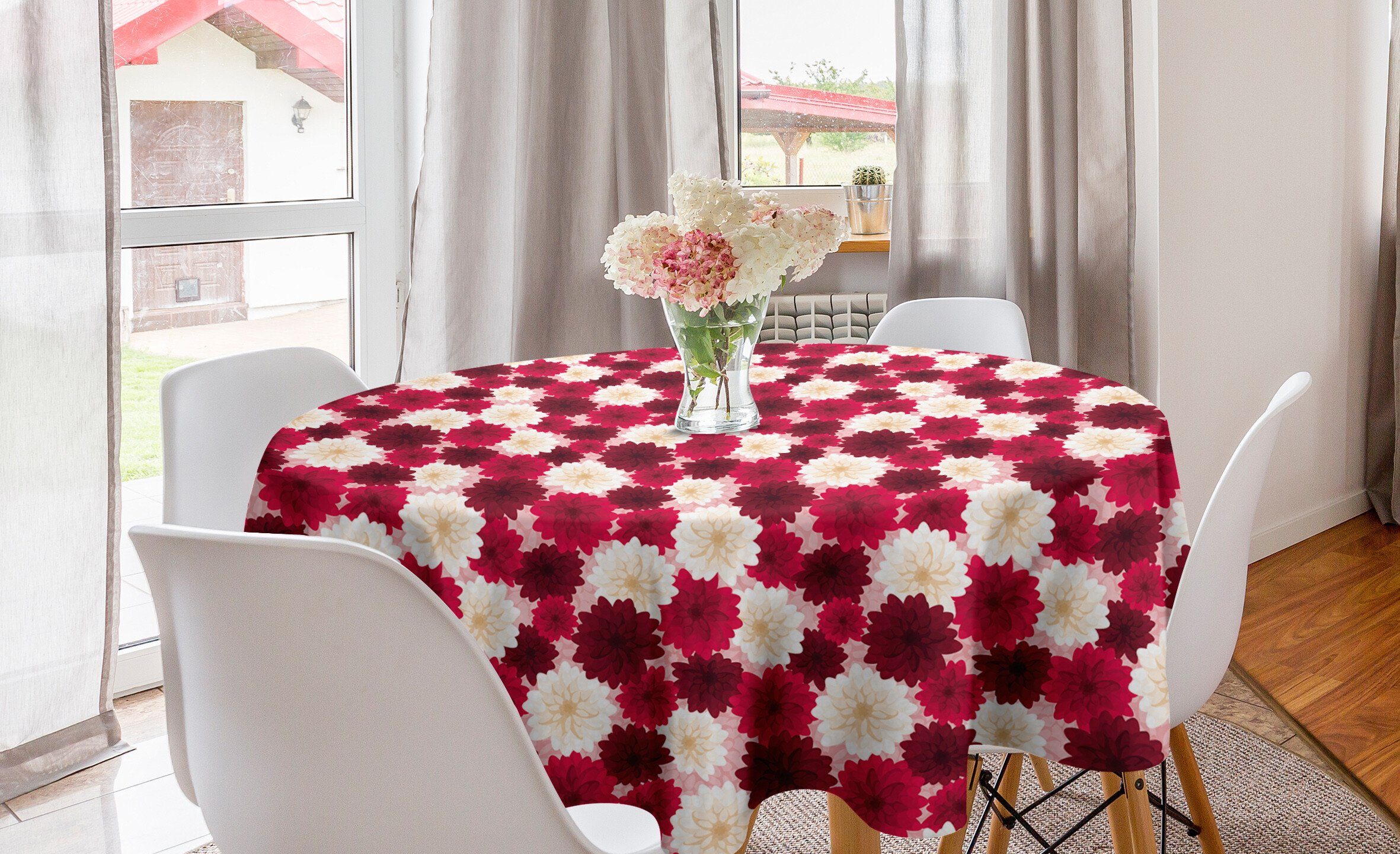 Küche Abakuhaus für Dekoration, Dahlie-Blumen Esszimmer Tischdecke Blühende Kreis Kastanienbraun Abdeckung Tischdecke