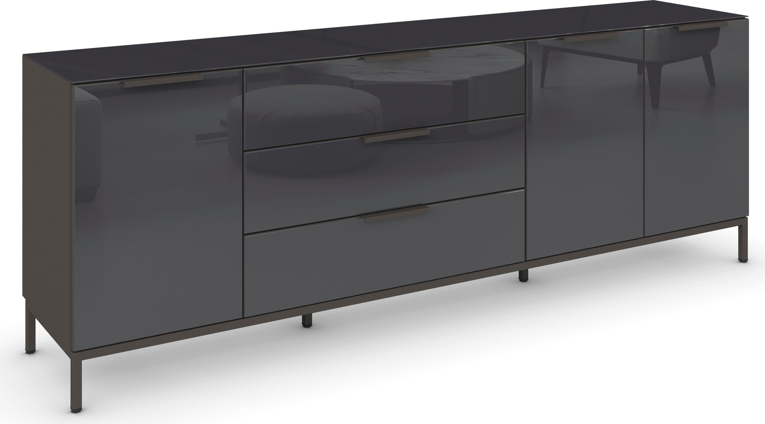 rauch Kombikommode Kommode Türkommode Sideboard Kombikommode FLIPP mit Glasfront (Breite 200 cm mit 2 Einlegeböden), 3-türig, 3 Schubladen, Soft-Close-Funktion, Oberboden und Front Glas