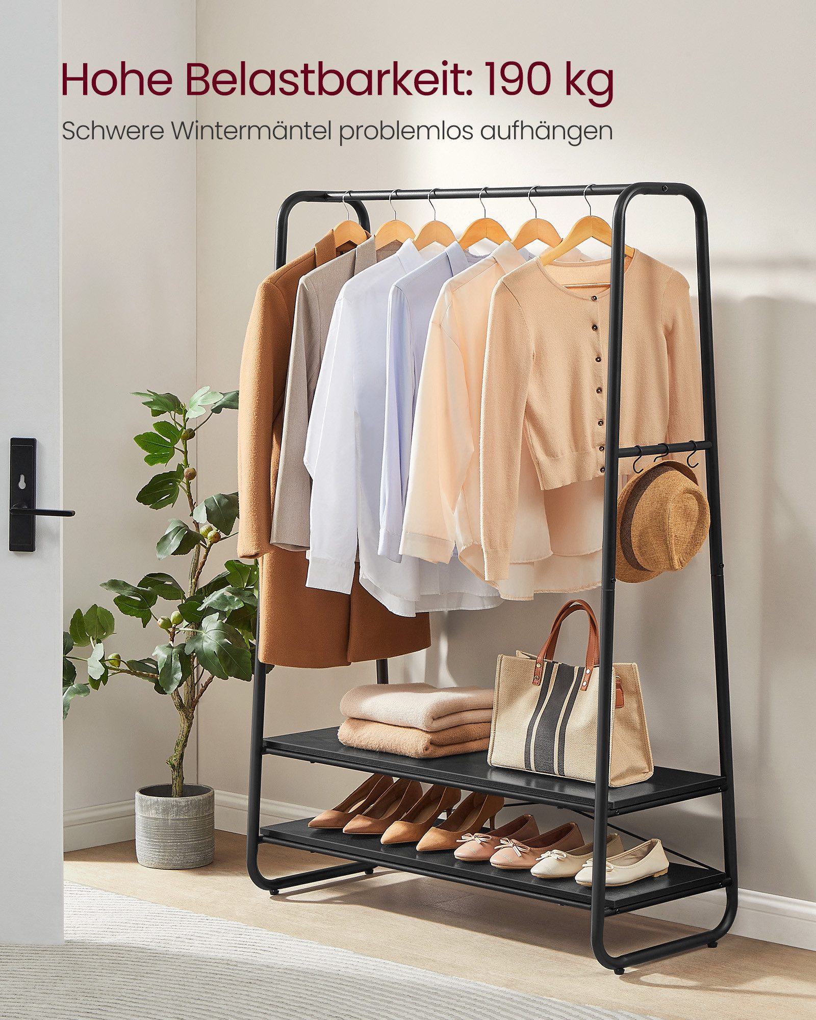 VASAGLE Kleiderständer Garderobenständer, 2 Ablagen, 6 S-förmigen Haken, Stahlgestell