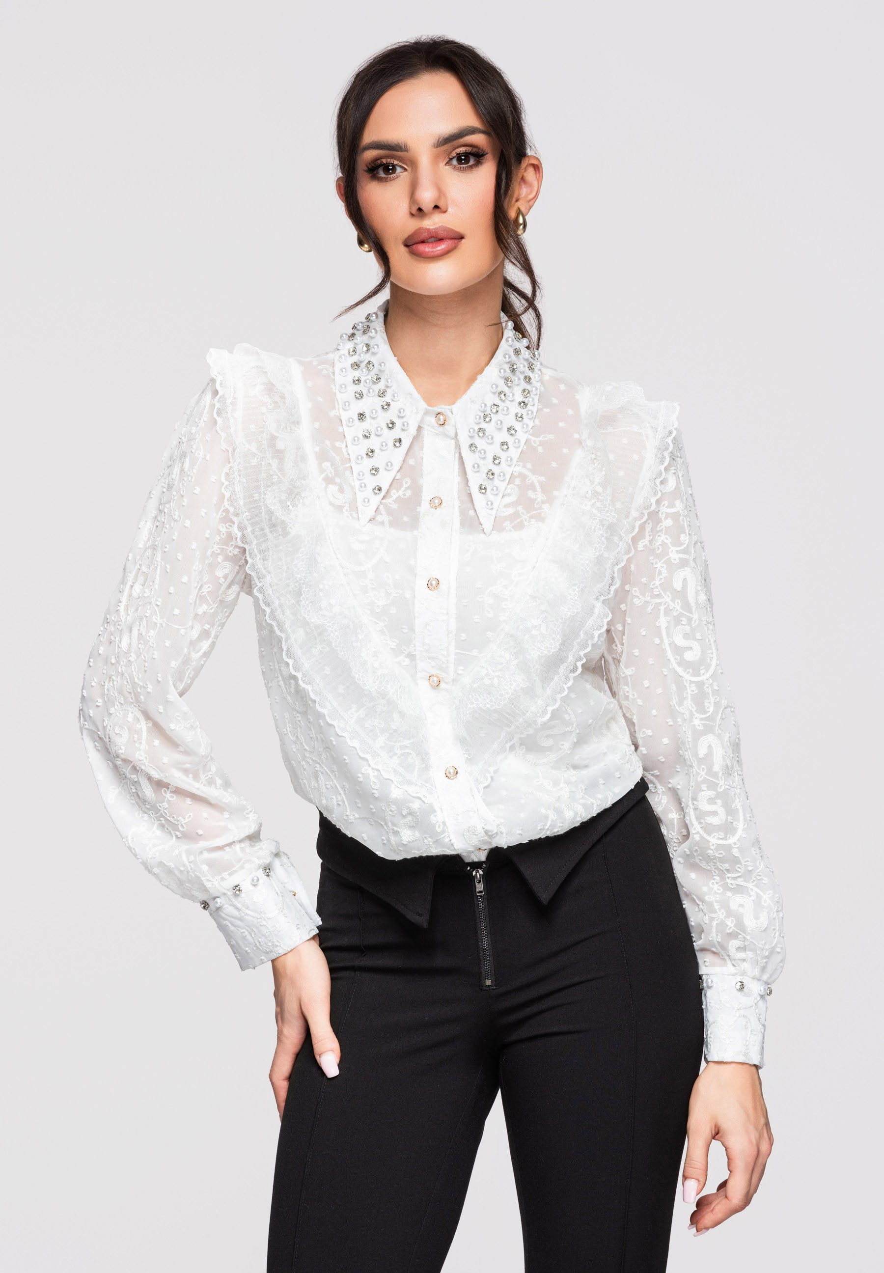 OMBRE Langarmbluse Damen Bluse Spitze Elegant Vintage white ONESIZE
