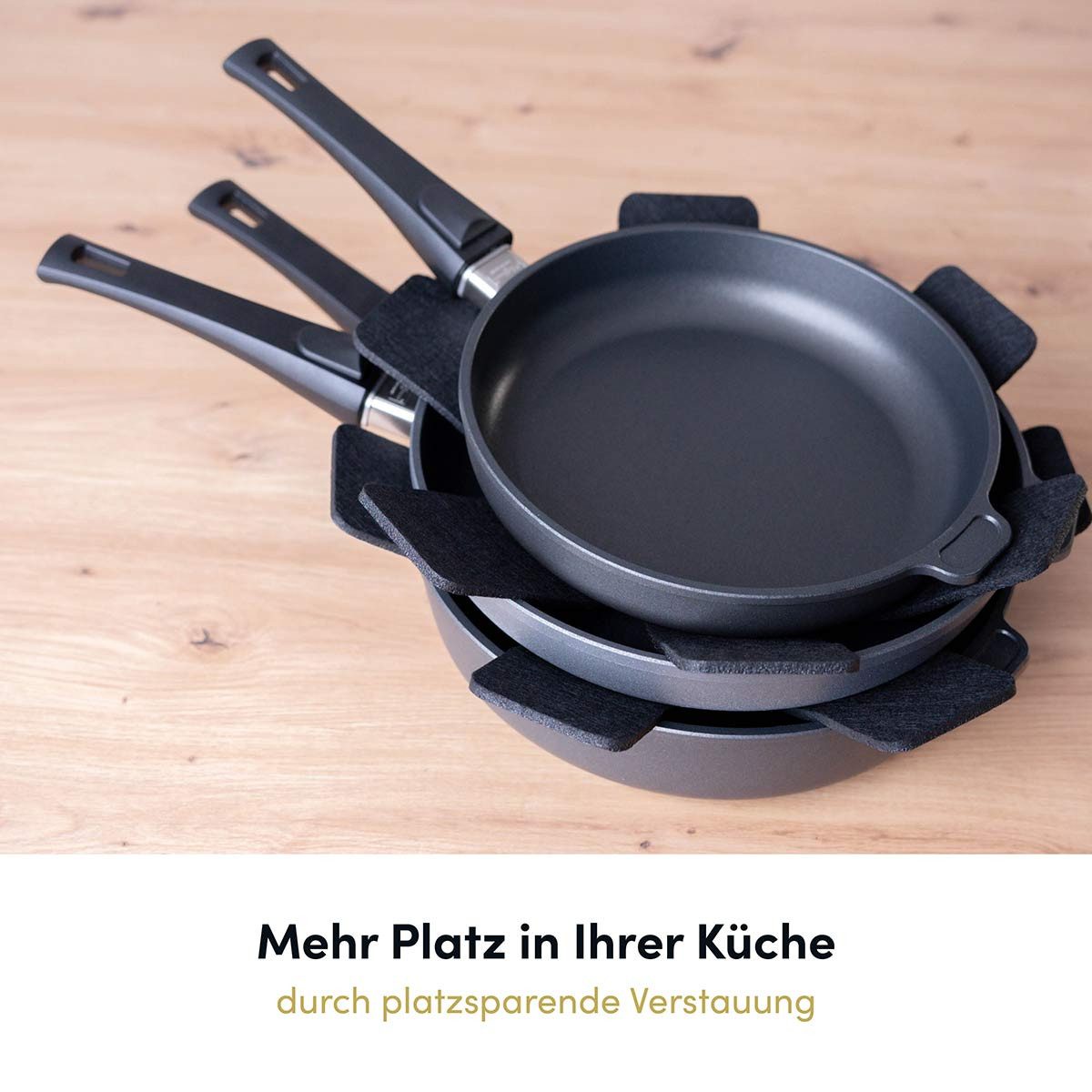 Hoffmann Germany Pfannenschoner Stapelschutz 38×38 cm, 6er-Set, zuschneidbar, hitzebeständig, Zubehör für alle Pfannen und Töpfe bis 38 cm, Set, 6-tlg., 5 mm stark, 90% Polyester, abwaschbar, Schutz für Kochgeschirr