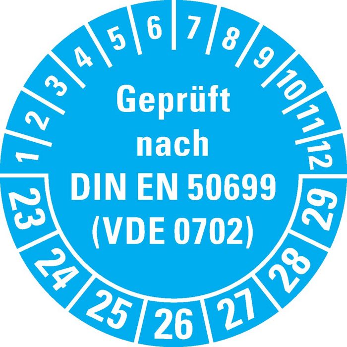 Dreifke Hinweisschild Dreifke® Prüfplakette geprüft nach DIN EN 50699(VDE 0702) 23-29 blau Dokumentenfolie Ø 30mm 108/Heft