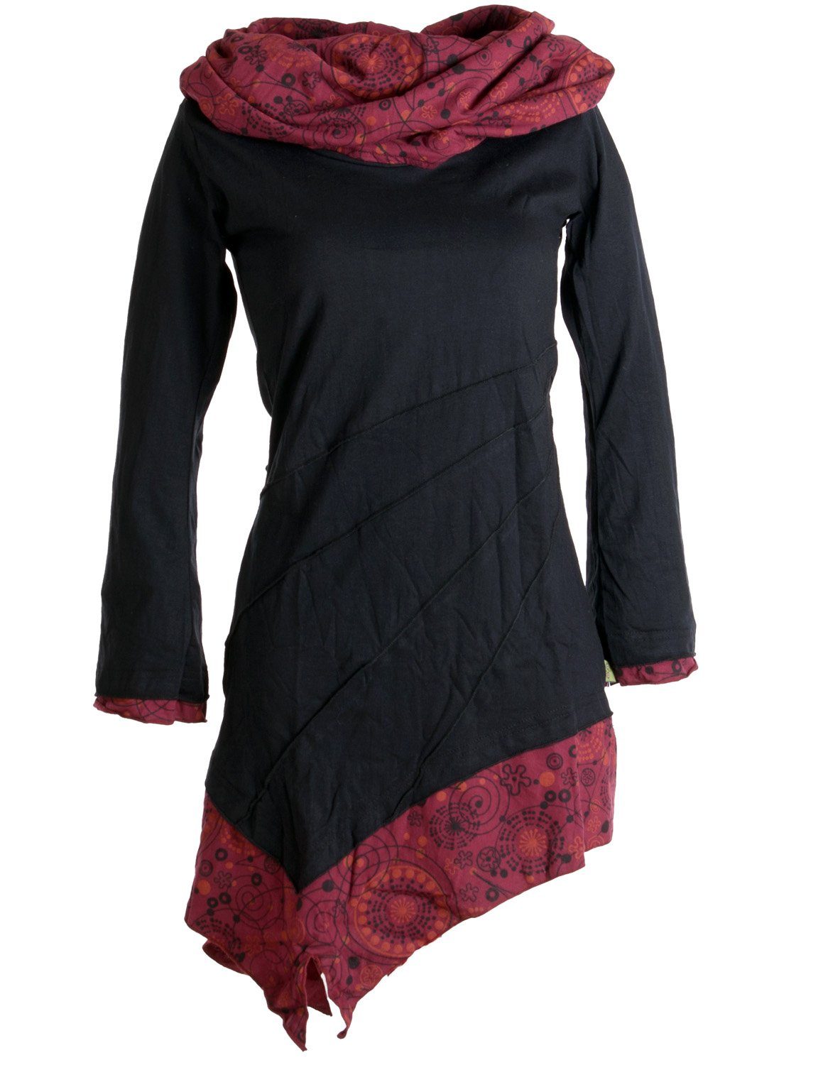 Vishes Jerseykleid Asymmetrisches Kleid aus Baumwolle mit Schalkragen Ethno, Hippie, Goa, Boho Style schwarz-rot