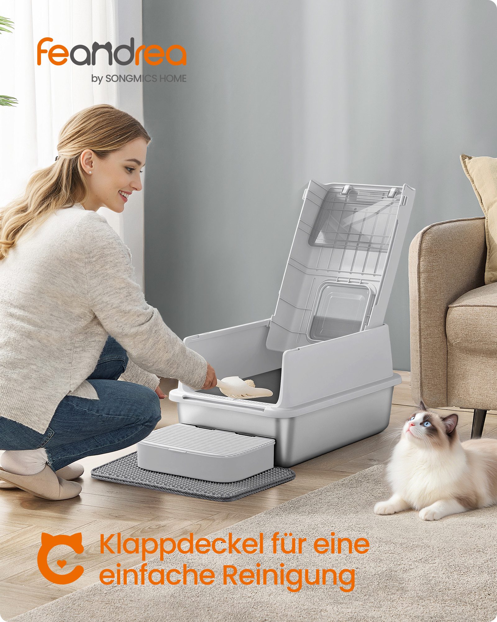 FEANDREA Katzentoilette Katzenklo Edelstahl, mit Deckel, mit Schaufel, Katzenstreumatte, 2 Eingängen, für Katzen bis 15 kg, 60 x 40 x 38 cm (L x B x H)