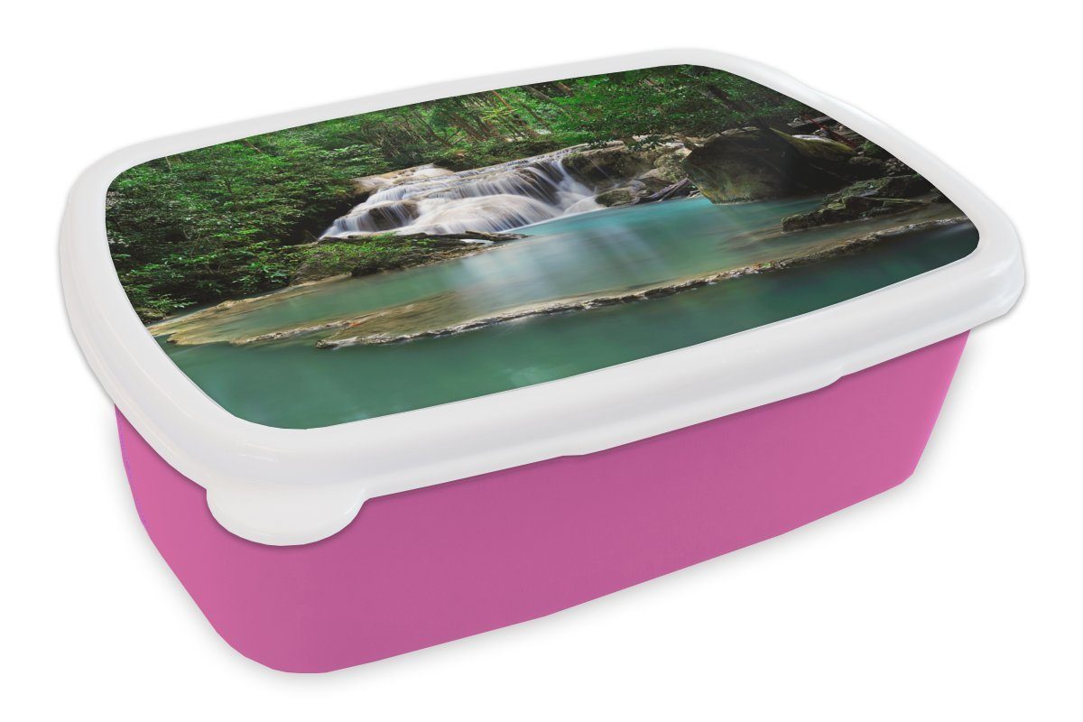 Lunchbox MuchoWow Brotdose in mit im Snackbox, Kinder, Kunststoff Erawan-Nationalpark Bäumen Mädchen, Brotbox Kunststoff, (2-tlg), rosa Erwachsene, für Wasserfall Thailand, Ein