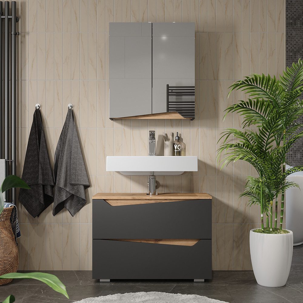 Vicco Badezimmerspiegelschrank Marelle, Anthrazit/Artisan, 60 x 67 cm mit höhenverstellbarem Einl... (1-St)