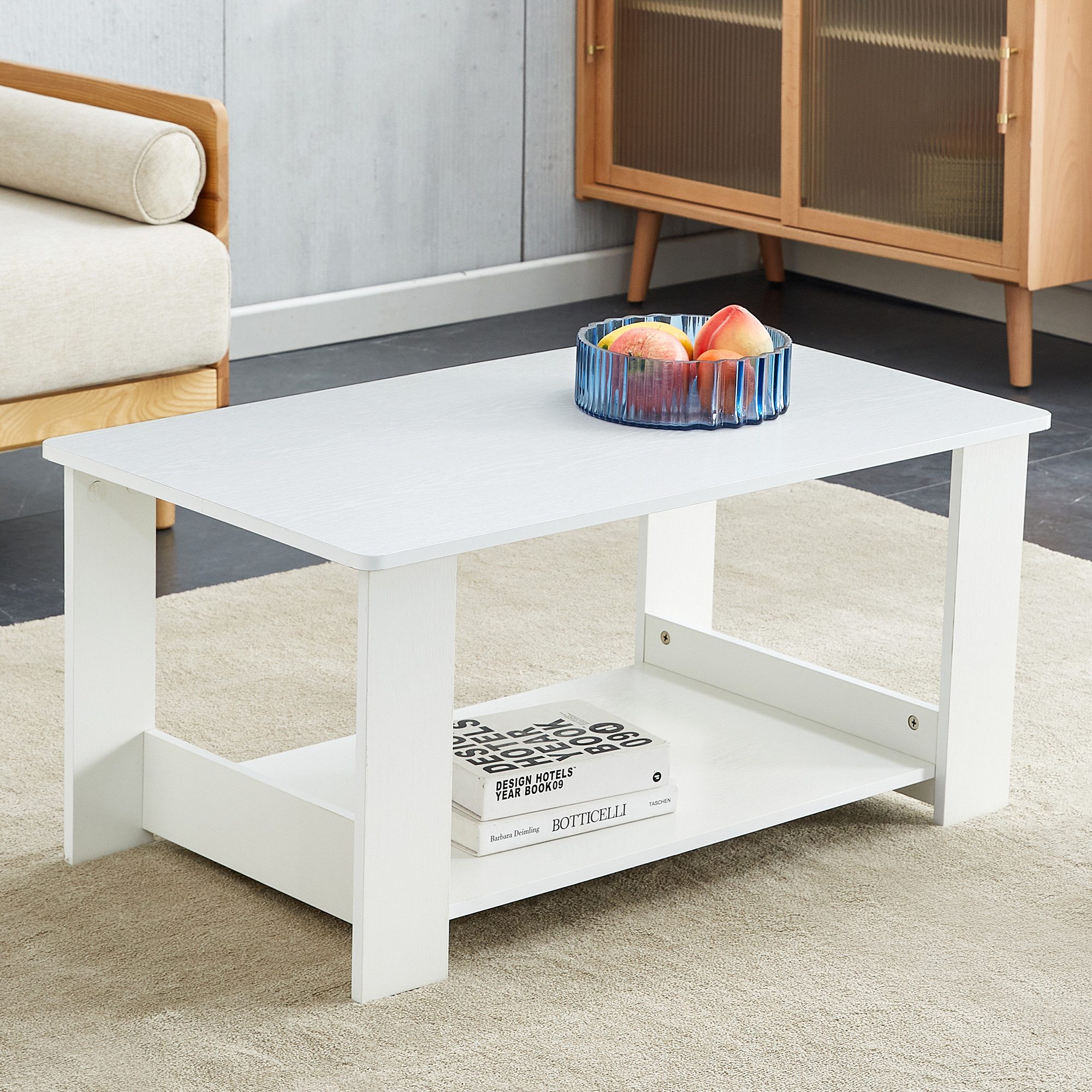 Totnz Couchtisch Beistelltisch mit Zwei Ebenen Stauraum für kleine Wohnzimmer - Weiß (pflegeleichte, glatte Oberfläche, offenes Regal mit zwei Ebenen für extra Stauraum), minimalistisches Design mit weißer Holzmaserung
