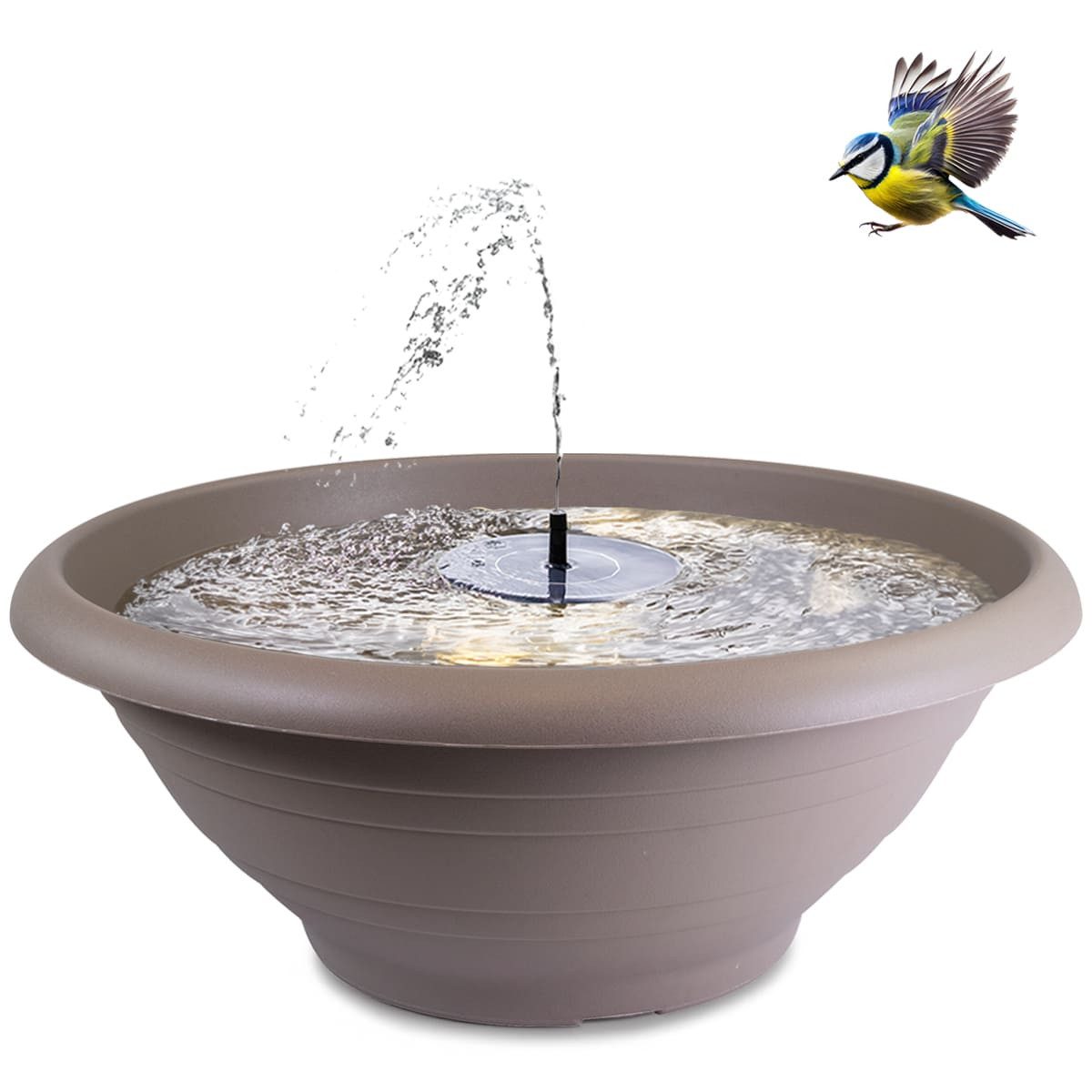 matches21 HOME & HOBBY Wasserspiel XXL Solar-Brunnen Set für draußen - große 60 cm Schale taupe, (1 tlg), Wasser-Fontäne als Solar Spring-Brunnen Garten-Deko Vogeltränke