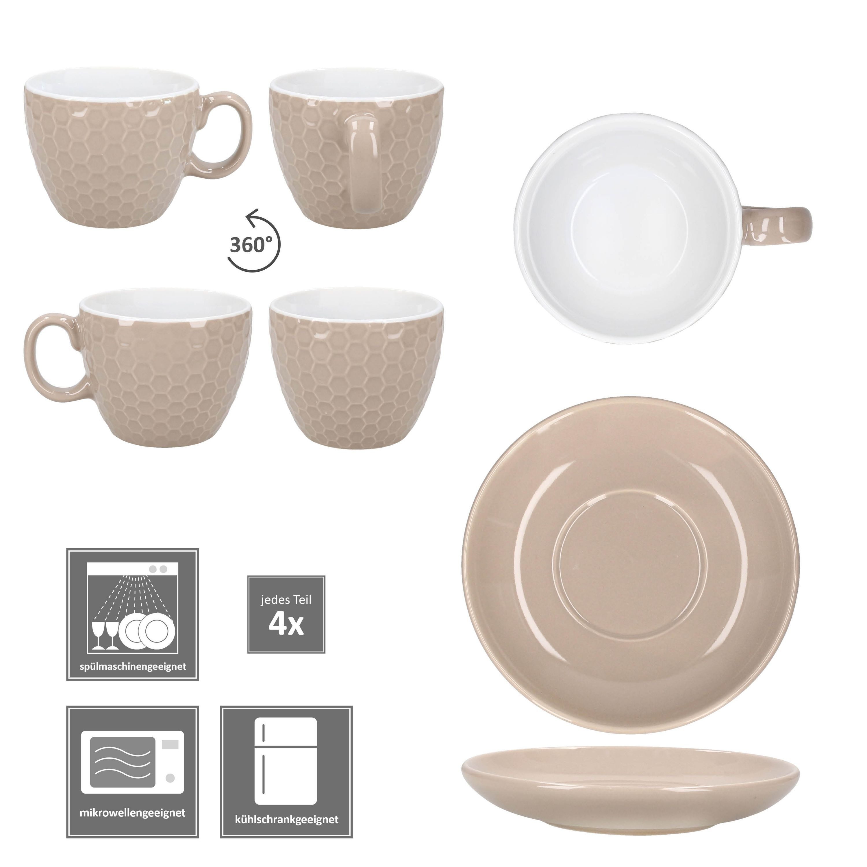 MamboCat Tasse 4er Set Hexa Kaffeetassen mit Untertassen Beige Keramik Relief, Keramik – Bild 5 von 5
