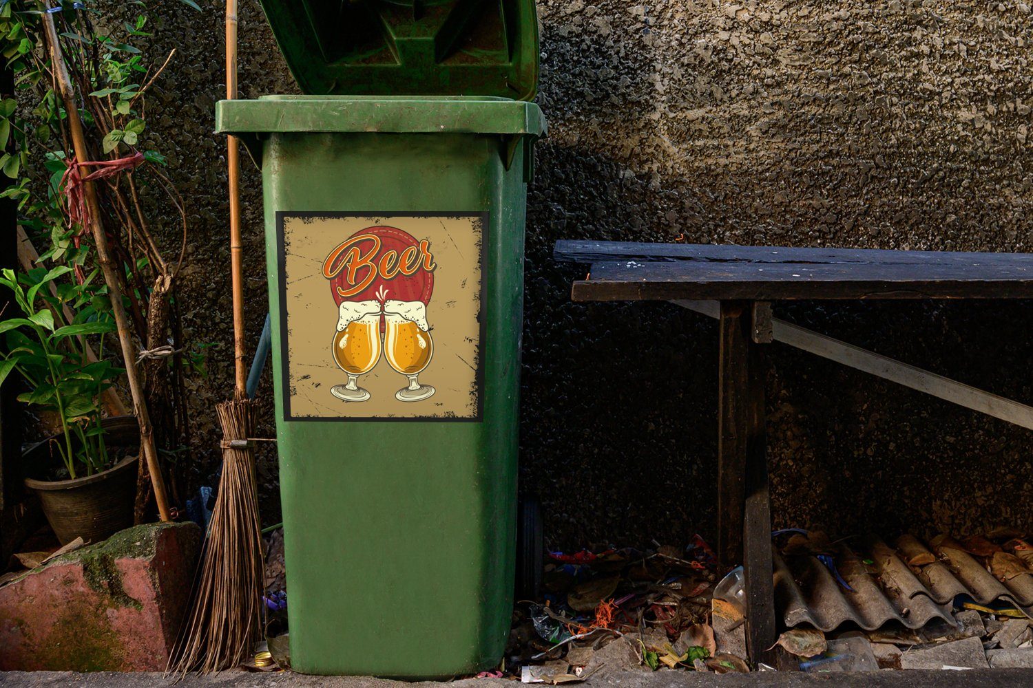 - (1 Abfalbehälter Mannshöhle Mülltonne, - Glas Retro St), Bier - MuchoWow Sticker, Wandsticker Container, Mülleimer-aufkleber,