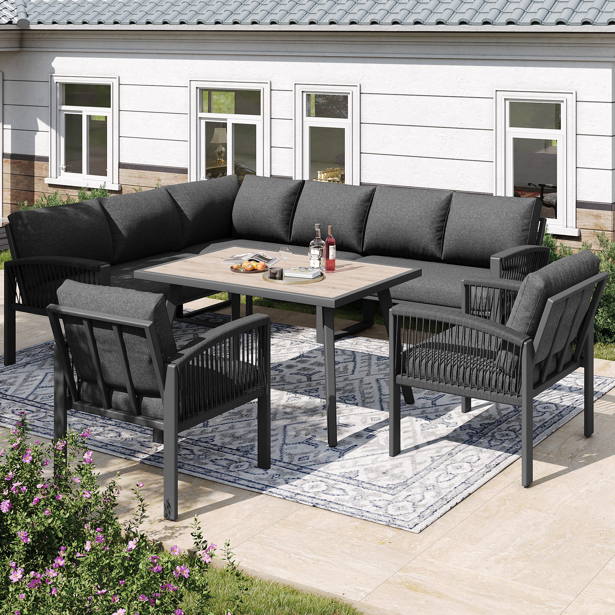 STILVORA Gartenlounge-Set Garten-Lounge-Set mit Sitzkissen Gartenmöbel Set für 8 Personen grau, (Garten-Lounge-Set für 8 Personen – Wetterbeständiges Möbelset mit Seilarmlehnen, Holzmaserung-Tisch & verstellbaren Beinen für Garten, Terrasse & Balkon – Inklusive Kissen., 1-tlg), mit Relaxfunktion