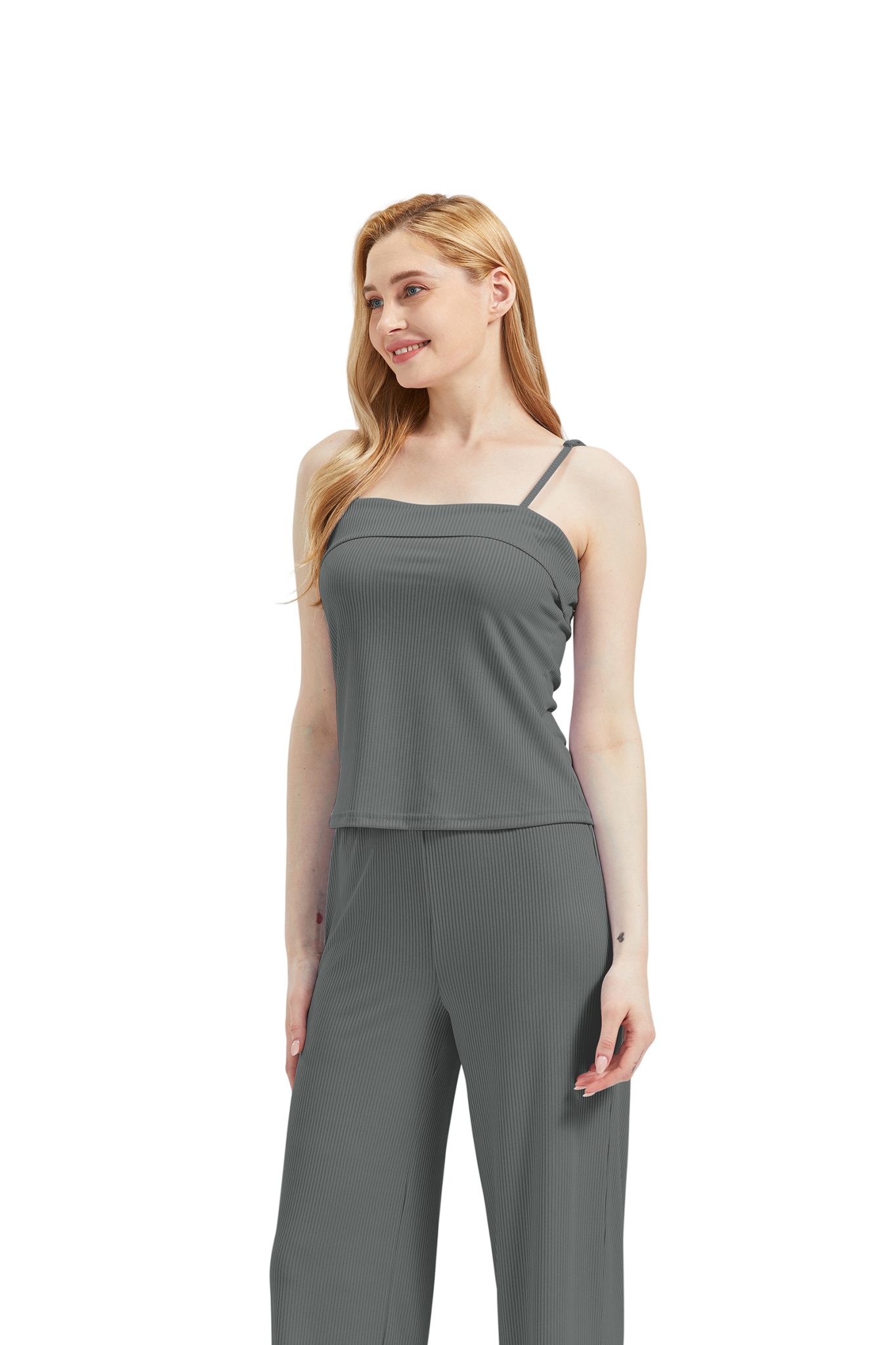 M-Diamant Schlafanzug Damen Pyjama-Set Damenwäsche V-Ausschnitt 3 teilig (Set, 3 tlg) 3-teiliges Set: Jacke mit V-Ausschnitt und Knöpfen, Trägertop und Hose – Bild 5 von 5