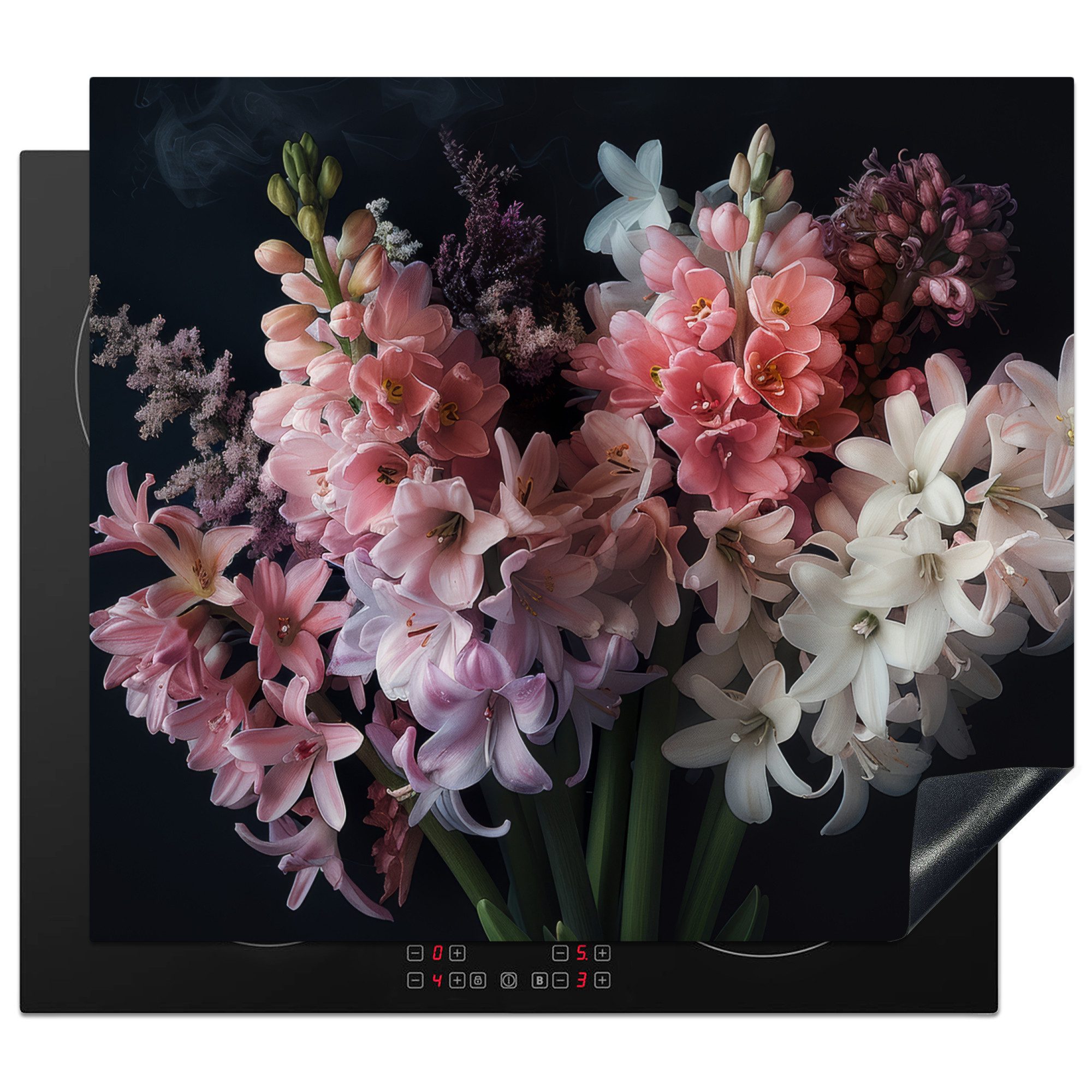 MuchoWow Herd-Abdeckplatte Hyazinthe - Blumen - Rosa - Weiß - Botanisch - Natur, Vinyl, (1 tlg), Herdabdeckplatte für die Küche, Küchendeko, 59x52 cm