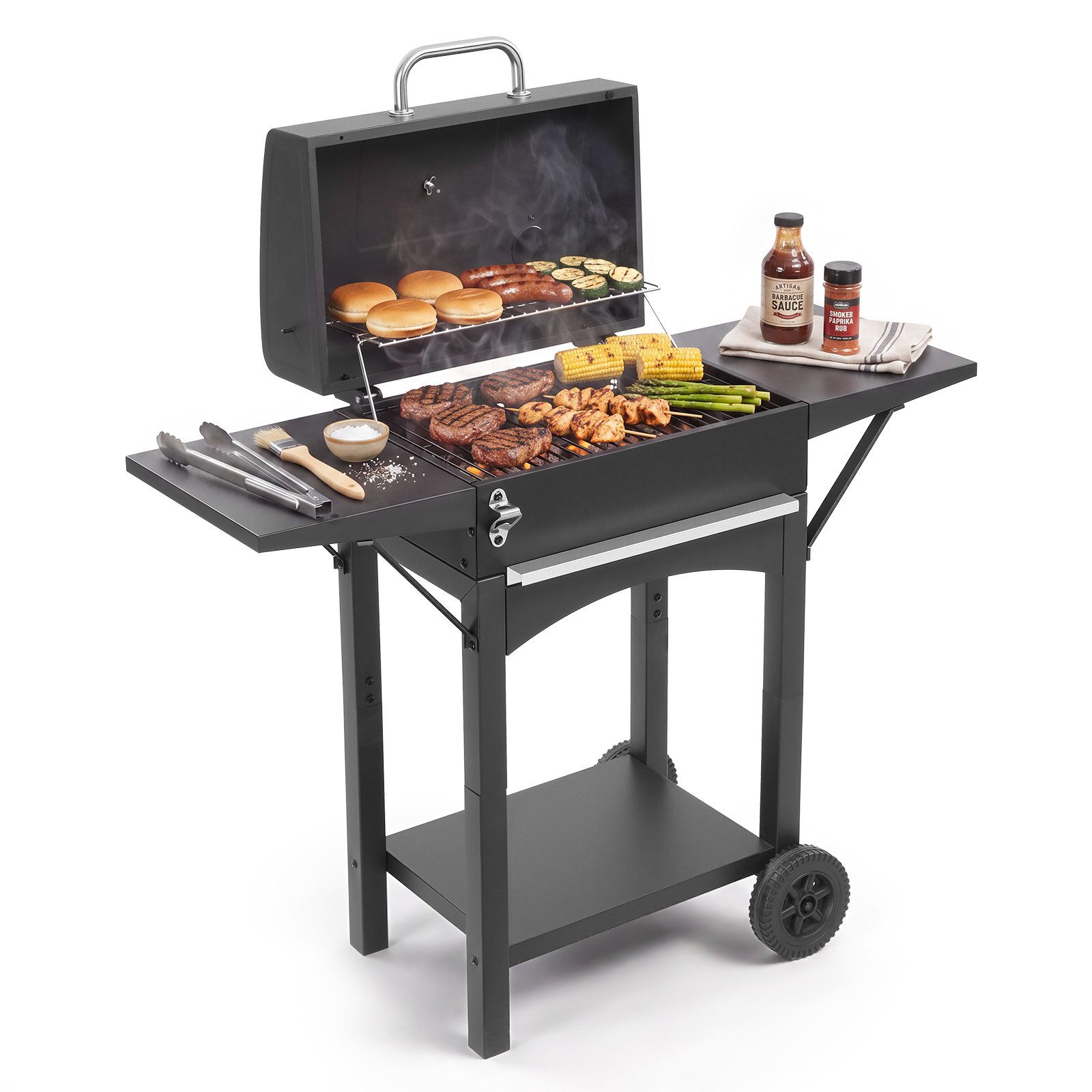 VINGLI Holzkohlegrill Kohlegrill Grill Holzkohle Grillwagen mit Deckel & 2 Seitenablagen, Deckelthermometer, verstellbarer Schornstein und Ascheschublade