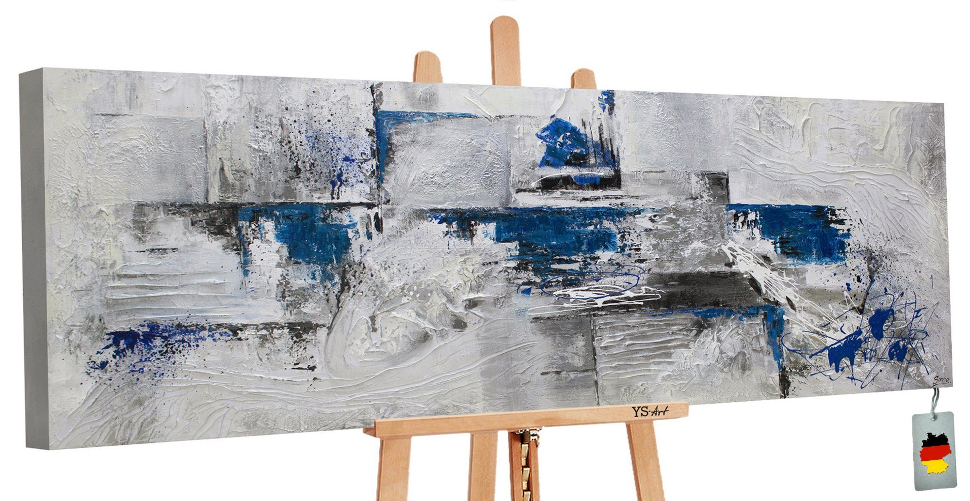 YS-Art Gemälde Abstraktion Abstrakt Abstrakt, Blau Grau Kästchen III, Leinwand Handgemalt Bild