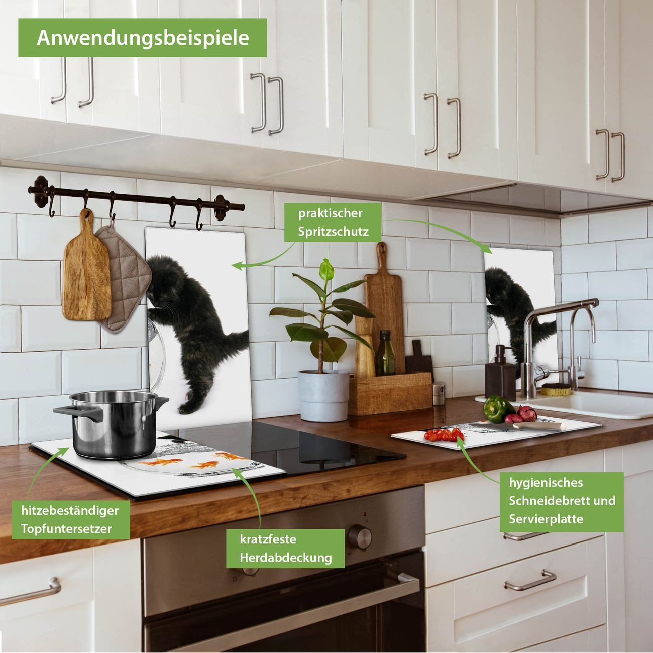 banjado Herd-Abdeckplatte zweiteilig aus Glas mit Motiv Katze Und Fisch, (gehärtet, 2 tlg., inkl. selbstklebende Gummifüßchen)