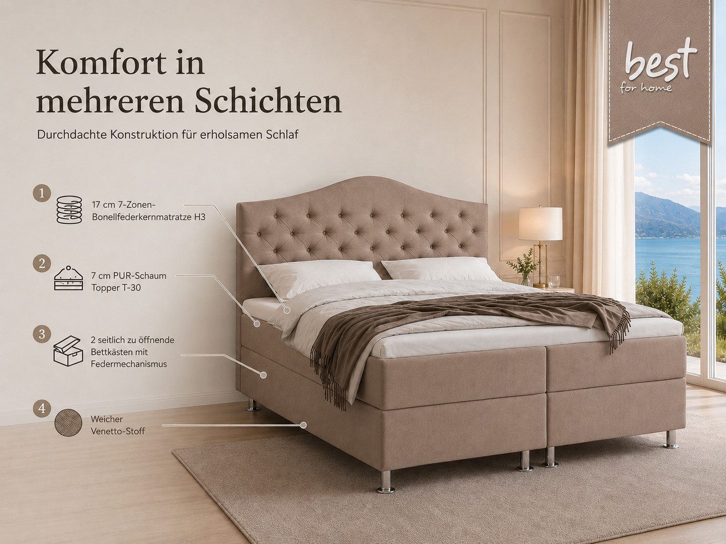 Best for Home Boxspringbett Glamour mit 7-Zonen Bonell & 7 cm T-30 Topper – Komfortbett (Komplettset, 4-St., Boxspringbett mit 7-Zonen-Bonellfederkernmatratze & 7 cm Topper), Boxspringbett mit Bettkasten, Topper T-30