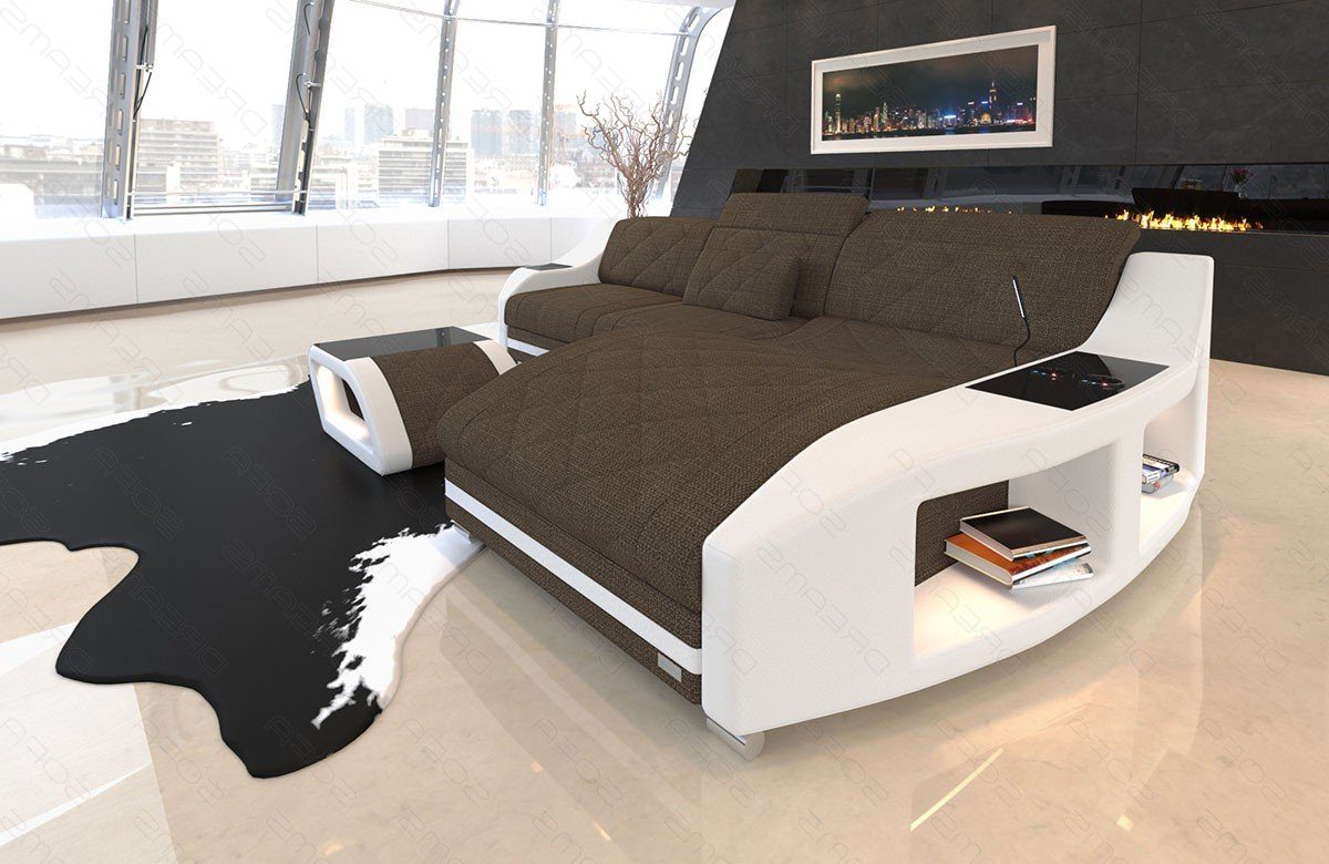 wahlweise H Strukturstoff Stoffcouch Form Bettfunktion Stoffsofa Sofa Ecksofa Stoffsofa, L Dreams Couch mit Swing braun-weiß Design Polster
