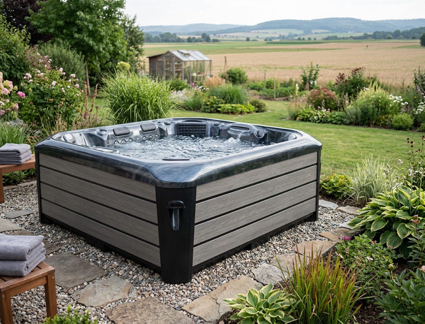 SPA Kompagniet Whirlpool Scandinavic Wood Art "St. Pauli" Outdoor Whirlpool 8P 112 Düsen, Aufstellbecken, (Komplett inkl. Thermo-Cover, 3 Filter und Beleuchtung), inkl. Thermo-Cover, Bluetooth-Musikanlage und LED-Lichtpaket