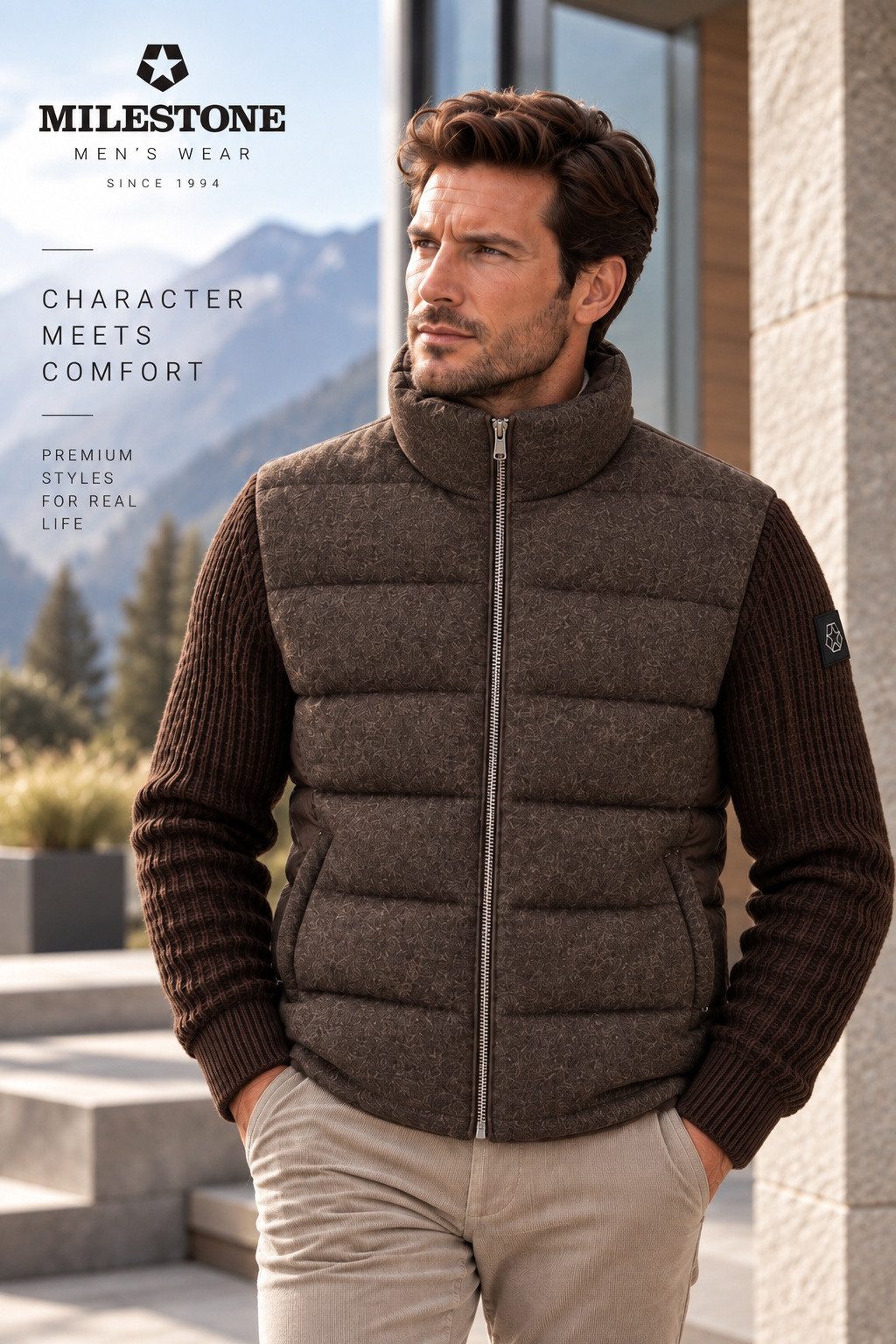 MILESTONE Hybridjacke MSChester Steppjacke mit Strickelementen in Jersey Qualität aus Wollmischung