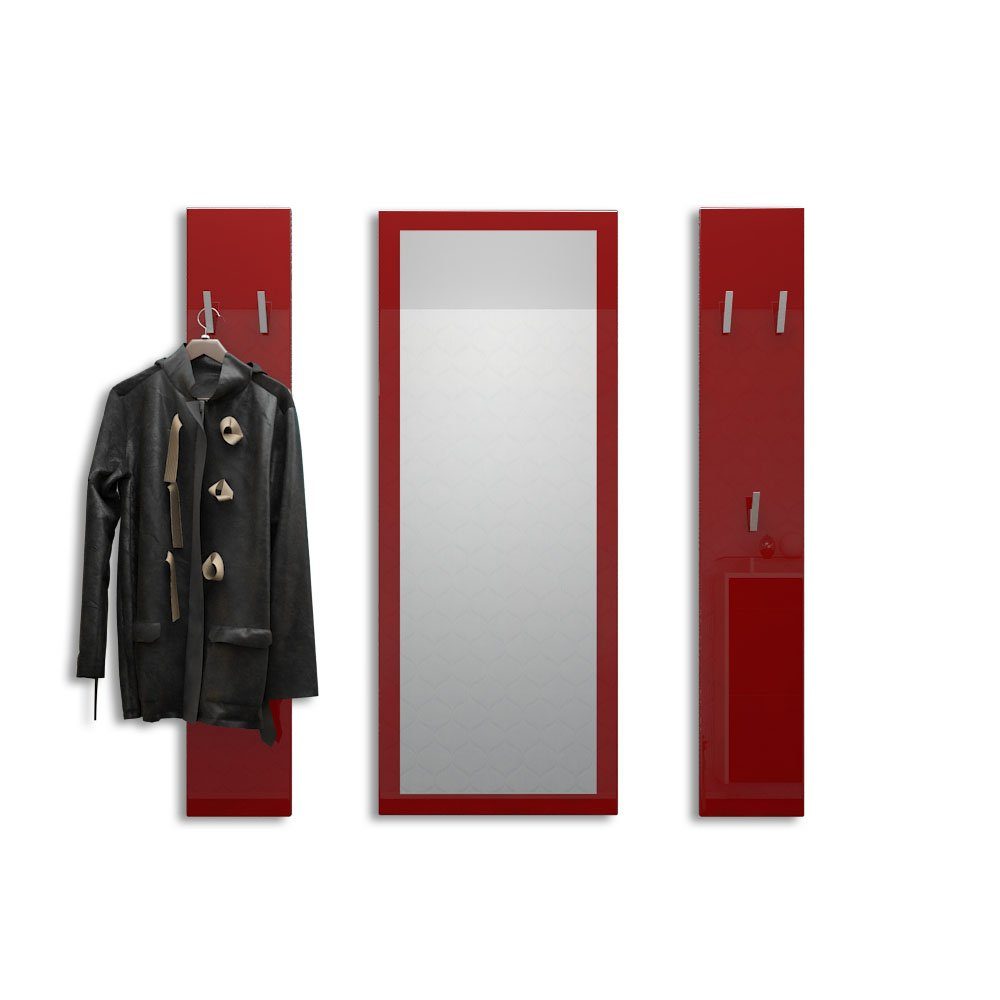 Vladon Garderoben-Set Spot, (Flurgarderobe, mit 2 Garderobenpaneelen und 1 Spiegel), Bordeaux Hochglanz (Paneel: 24 x 140 x 10 cm/Spiegel: 55 x 139 x 2 cm)