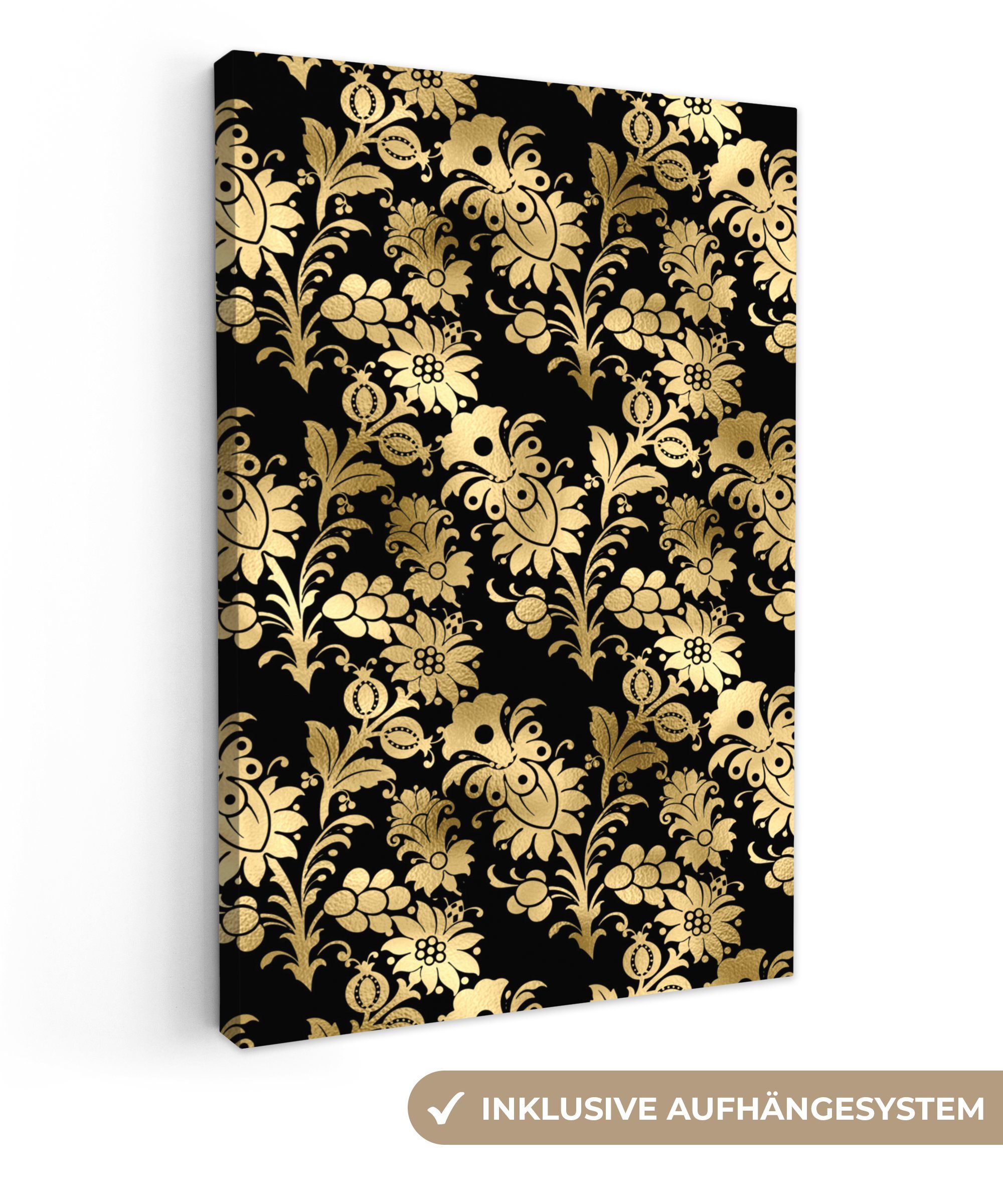 OneMillionCanvasses® Leinwandbild Muster - Blumen - Gold, (1 St), Leinwandbild fertig bespannt inkl. Zackenaufhänger, Gemälde, 20x30 cm