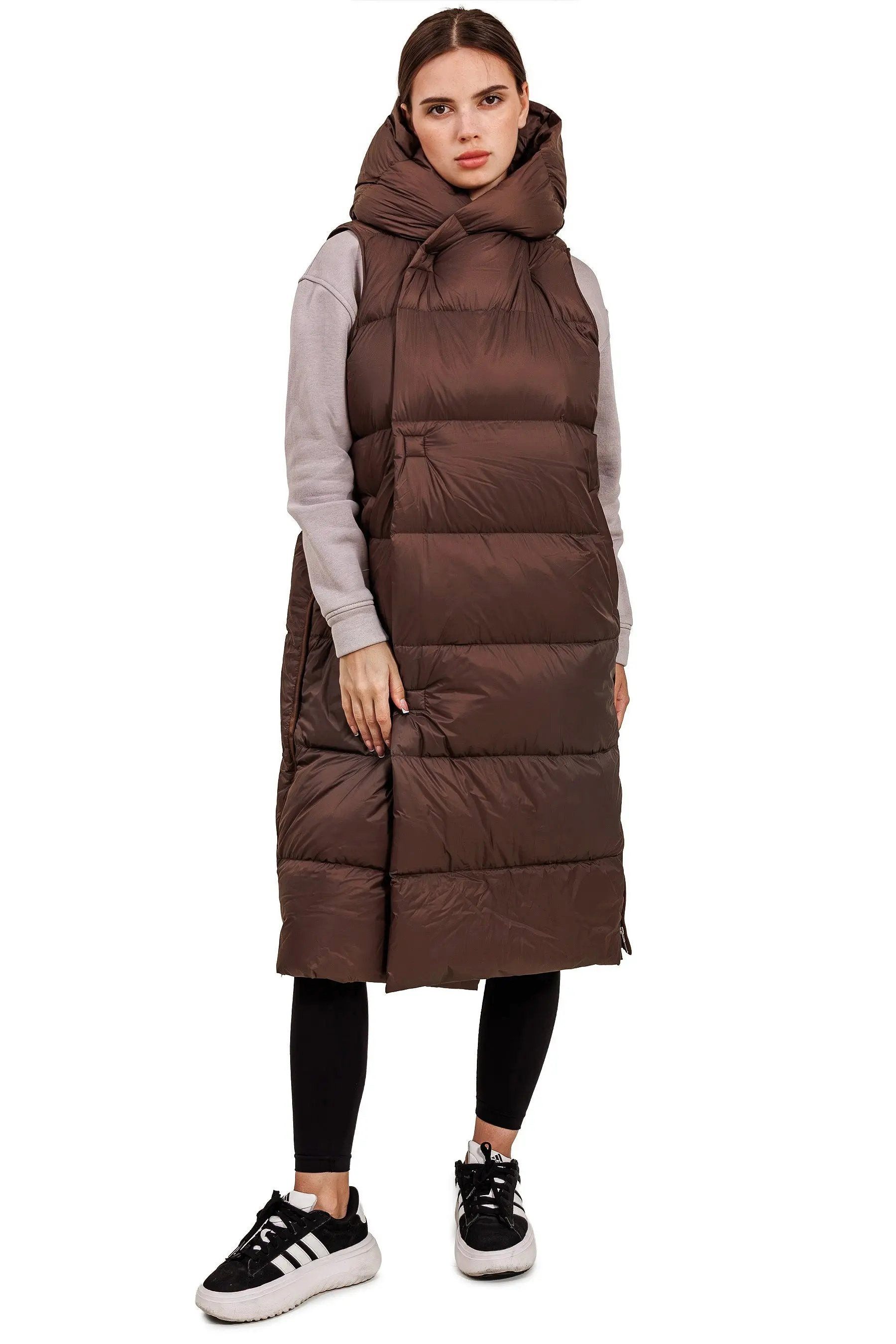 JNBY Daunenweste Damen lange Daunenweste mit Kapuze Frühlingsweste Schoko warm