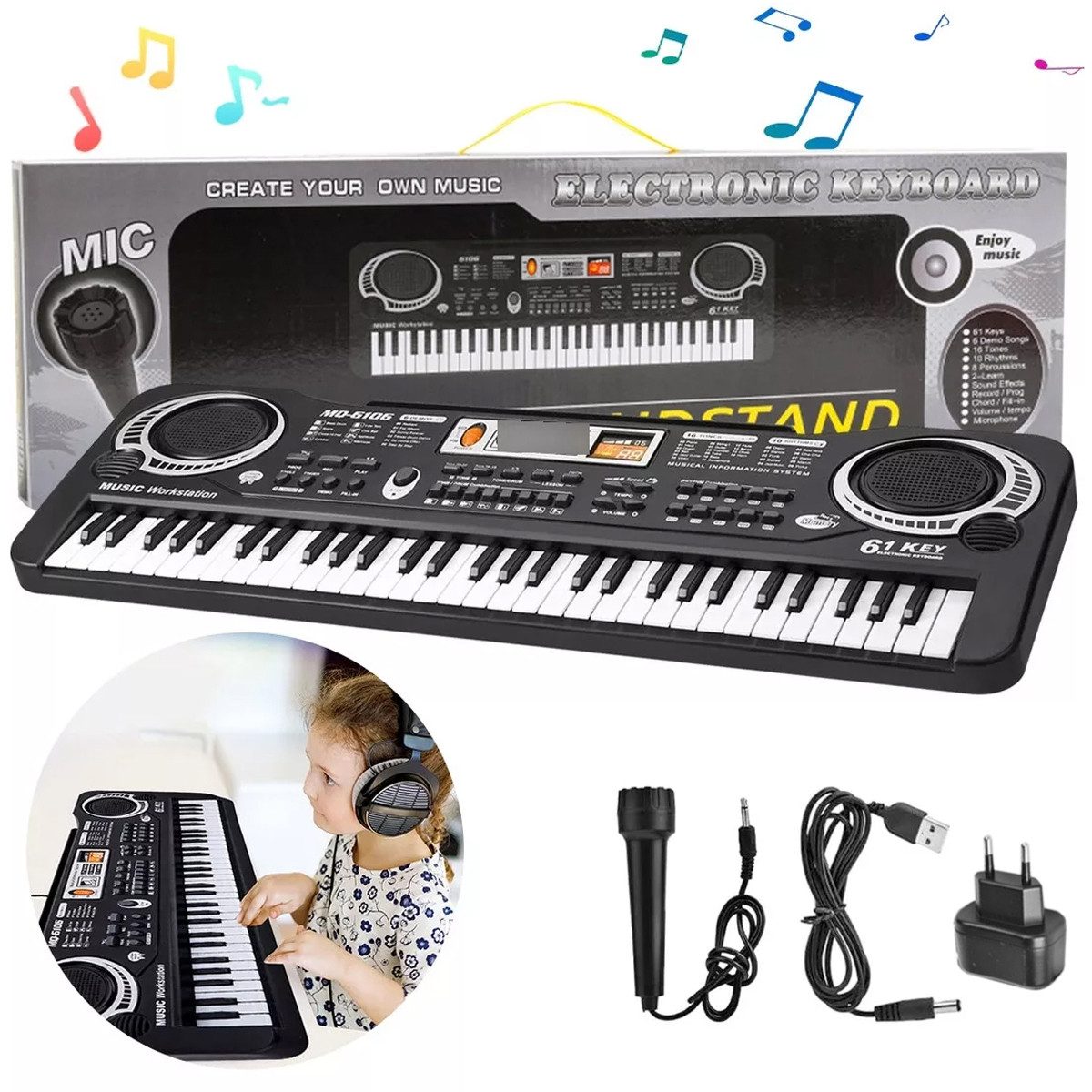 Digitalpiano Keyboard Tasteninstrumente Kinder-Keyboard mit 61 Tasten und Mikrofon