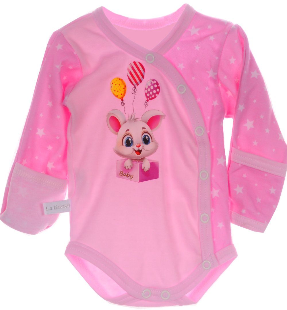 La Bortini Wickelbody Baby Body Langarmbody mit Kratzschutz in Rosa mit Sternchen 44 50 56 62 68 74 80 86 aus reiner Baumwolle