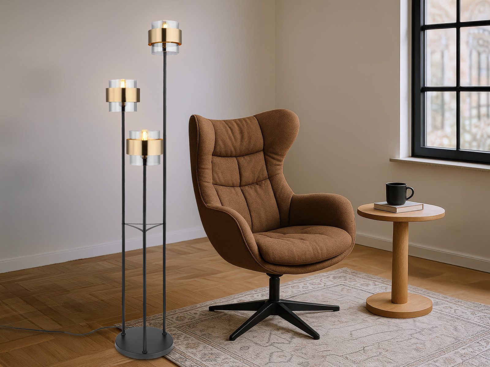 GLOBO LIGHTING LED Stehlampe, Leuchtmittel stufenweise über Fußschalter dimmbar, LED wechselbar, warmweiß, dimmbar ausgefallen-e modern-e Designer Rauchglas Gold-en, Höhe 167cm