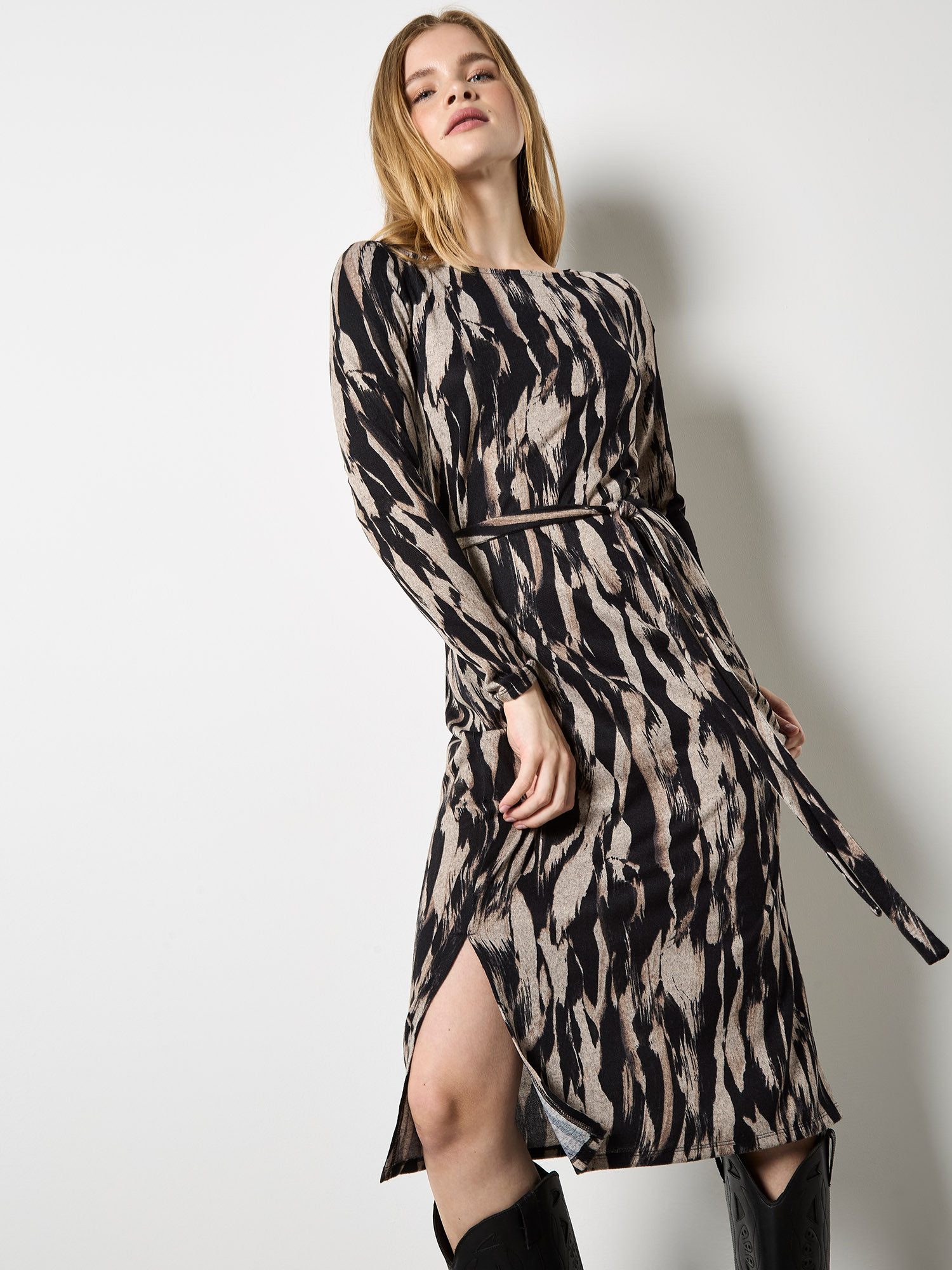 Apricot Druckkleid Midikleid (2-tlg) mit Pinselstrichmuster günstig online kaufen