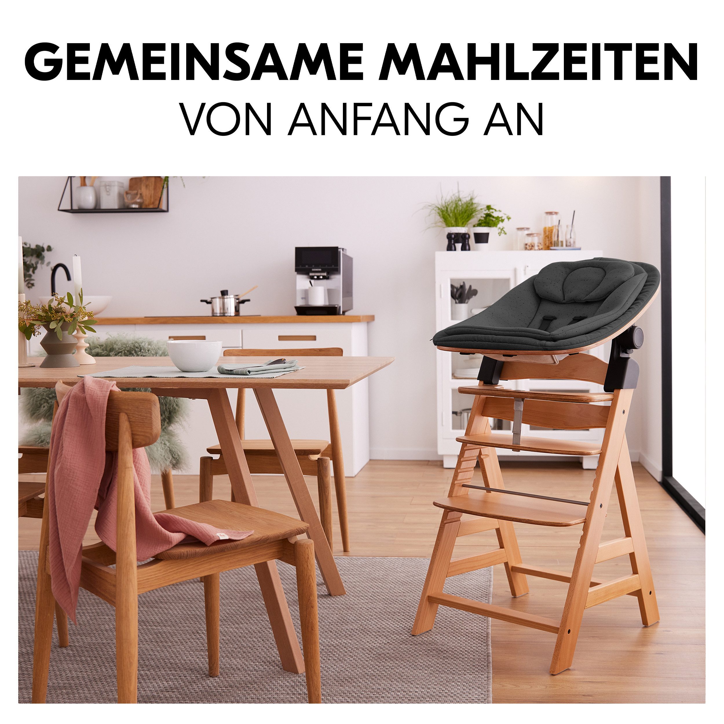 Hauck Hochstuhl Alpha Plus Newborn Set Eco - Walnut, Holz Babyhochstuhl ab Geburt inkl. Neugeborenenaufsatz & Sitzauflage