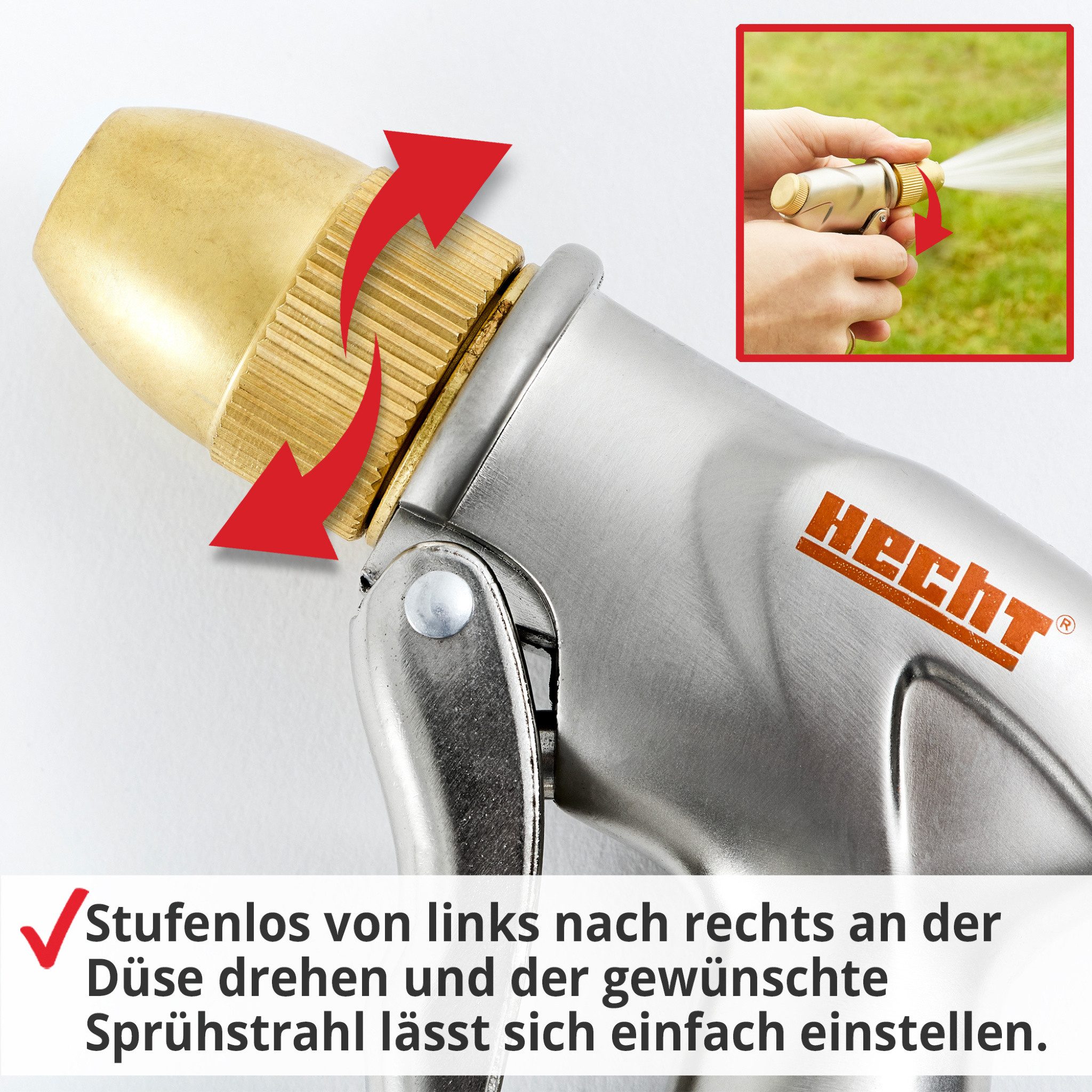Hecht Bewässerungsbrause Gartenbrause Handbrause mit 6 Sprühmuster Rostfrei, Metallöse, 60 mm Sprühkopf