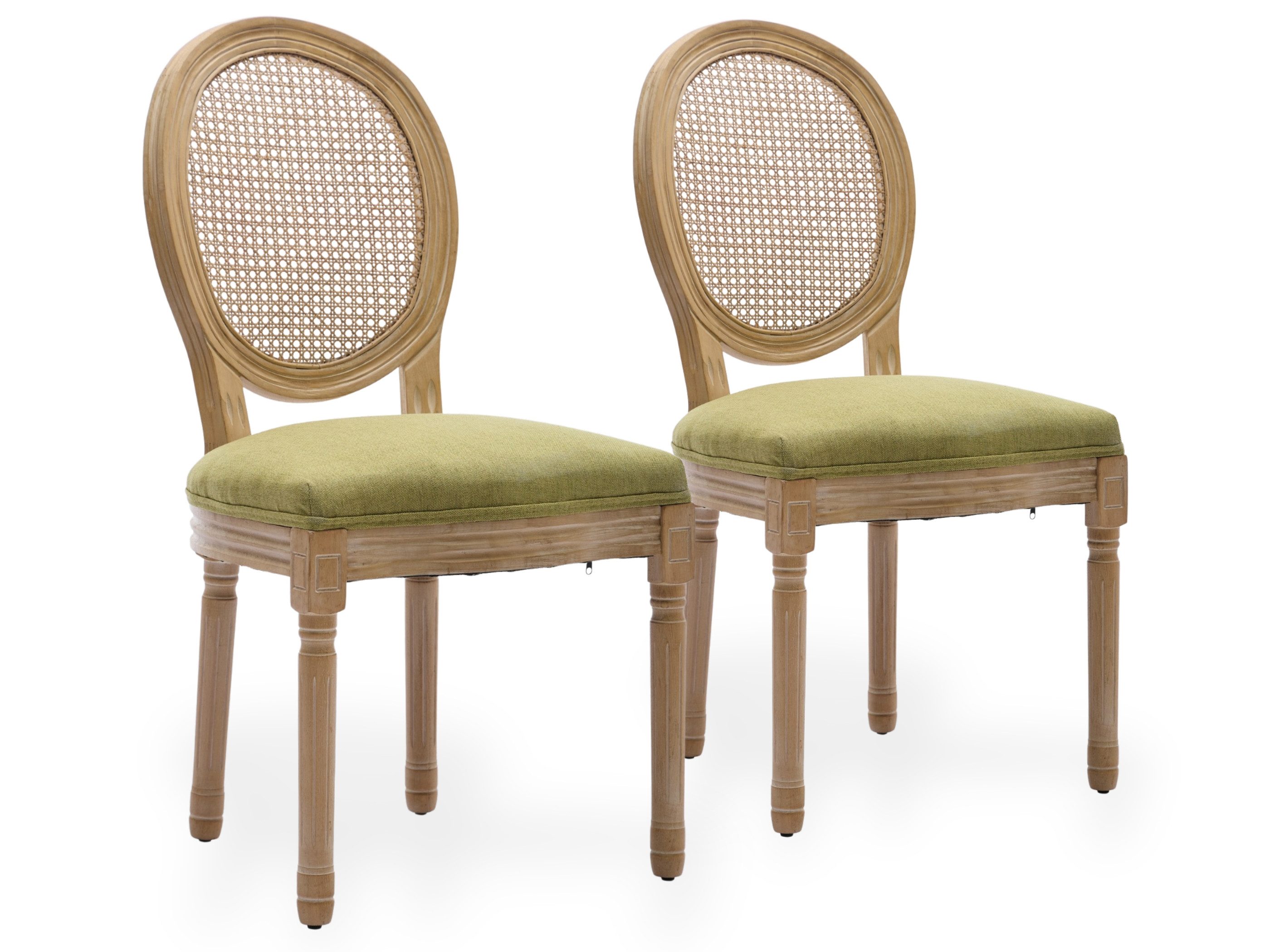 SeedWave Esszimmerstuhl 2er Set Küchenstuhl aus Massivholz-Gestell, mit Rattan-Rückenlehne, Polsterstuhl inkl. Leinenbezug Sitzfläche