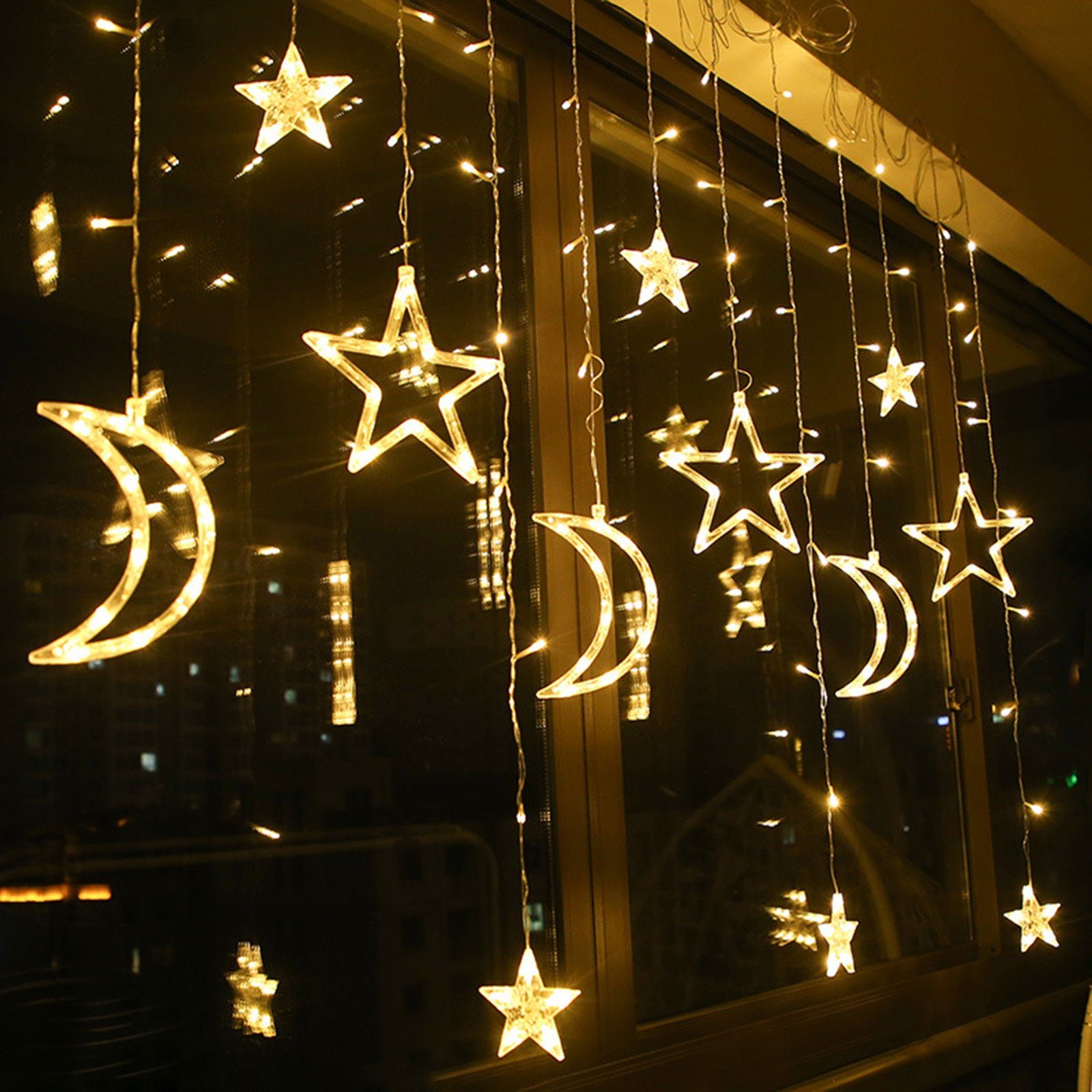 MUPOO Lichterkette LED Lichterketten,3M Stern Wohnzimmer Licht, Lichtervorhang Außen Innen LED 8 Warmes Mond Party Weiß Vorhang modi,IP44,120LEDs,für Deko Weihnachten