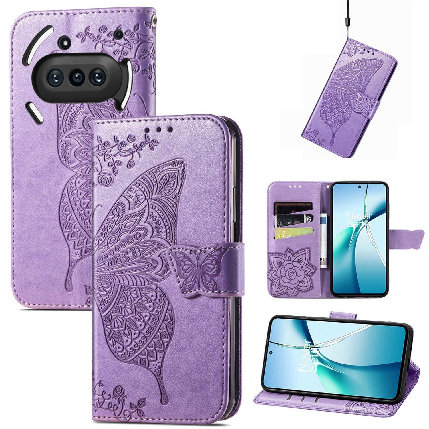 Wigento Smartphone-Hülle Für Nothing Phone 3a Kunstleder Schmetterling Tasche Hülle Hell-Lila, Kunst-Leder Schutzhülle Smart Case Cover magnetischer Verschluss