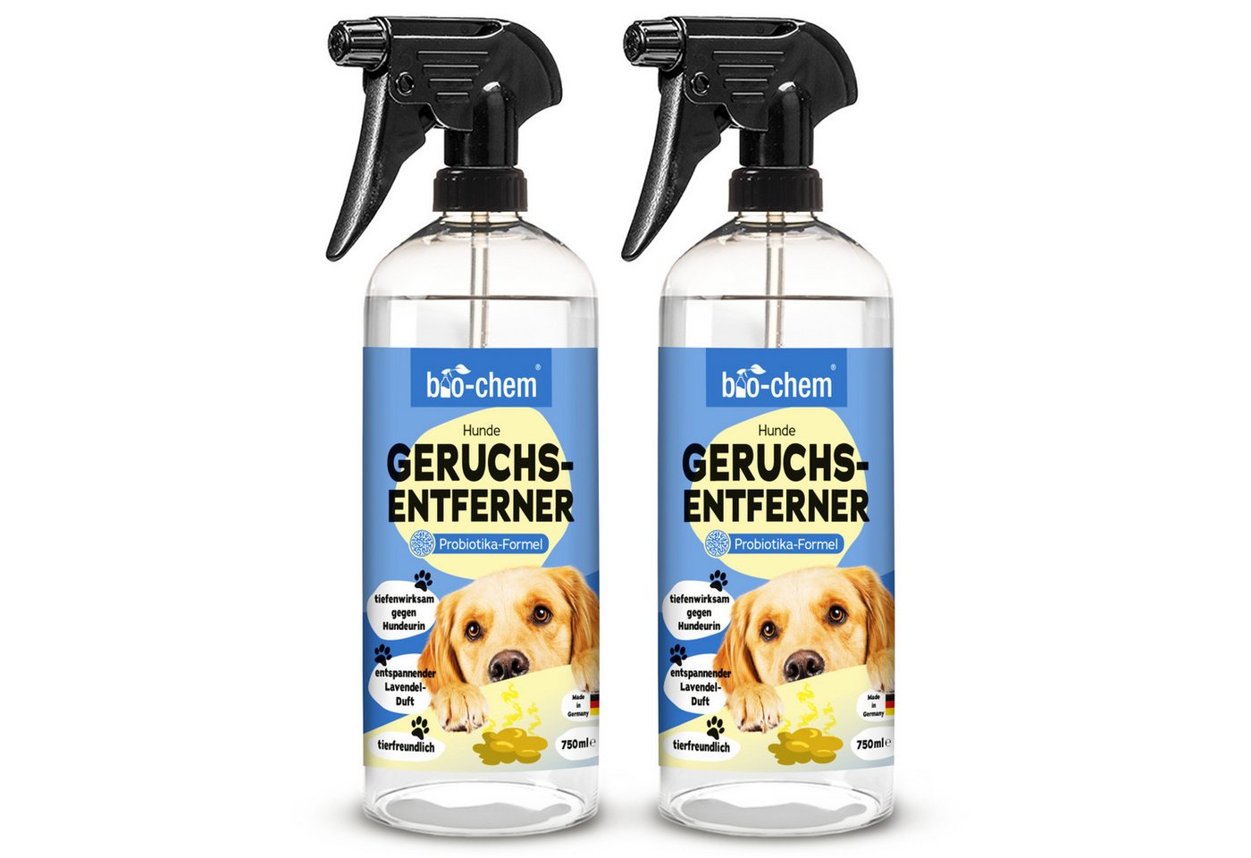 bio-chem Geruchsentferner Enzymreiniger 750 ML für Hunde- & Tiergerüche (2x Geruchsentferner Hund 0.75 l Handsprayflasche)