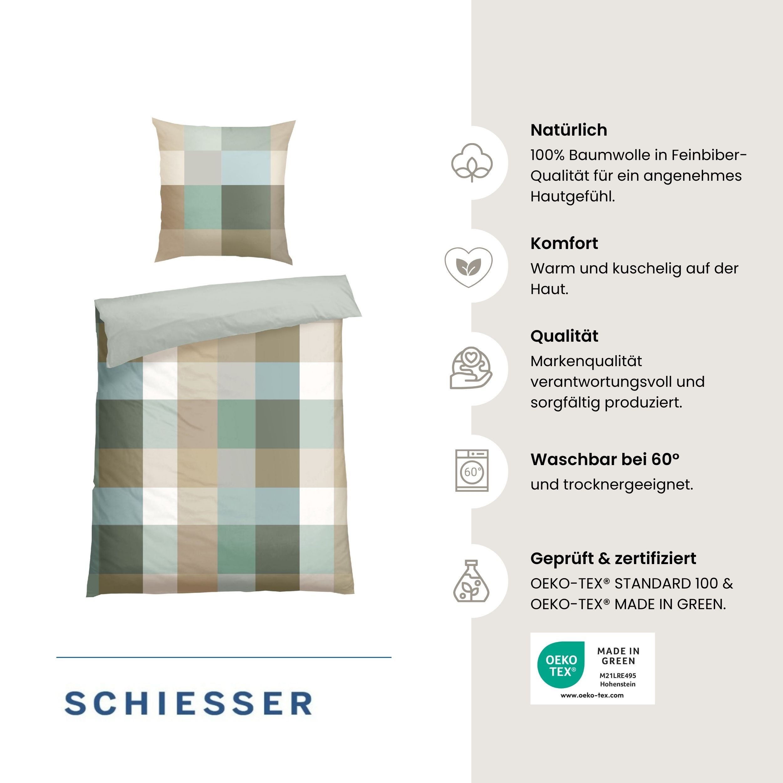Schiesser Wendebettwäsche Travis aus weicher Baumwolle in klassischem Karo, Feinbiber, 2 teilig, OEKO-TEX® MADE IN GREEN – Bild 2 von 5