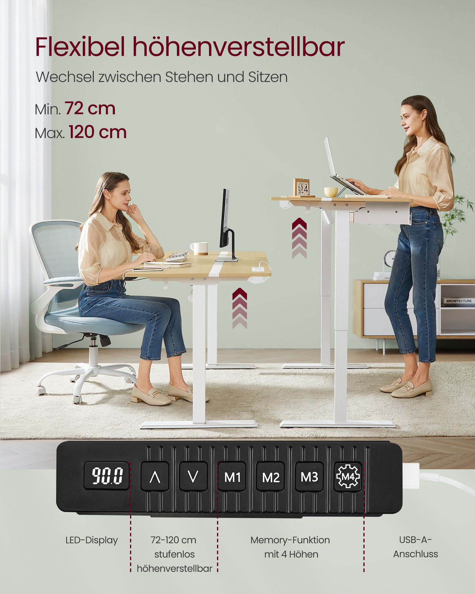 VASAGLE Schreibtisch höhenverstellbar, elektrisch, mit Steckdosen und Stoffschublade, Memory-Funktion mit 4 Höhen – Bild 4 von 5