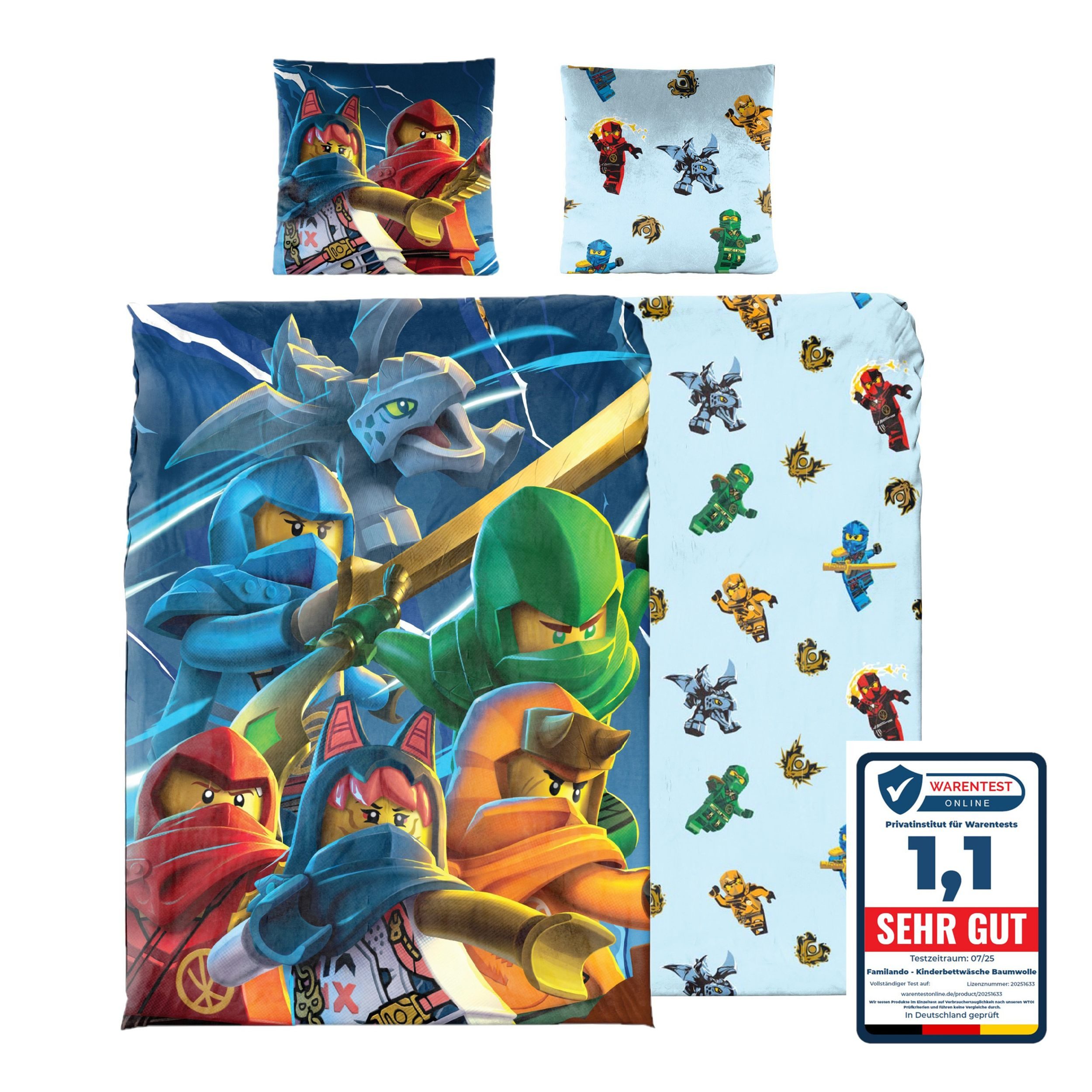 Familando Kinderbettwäsche Lego Ninjago Blau mit Lloyd Jay Kai uvm. aus 100% Baumwolle, Renforcé, 2 teilig, 135x200 80x80cm mit Reißverschluss; Wendebettwäsche