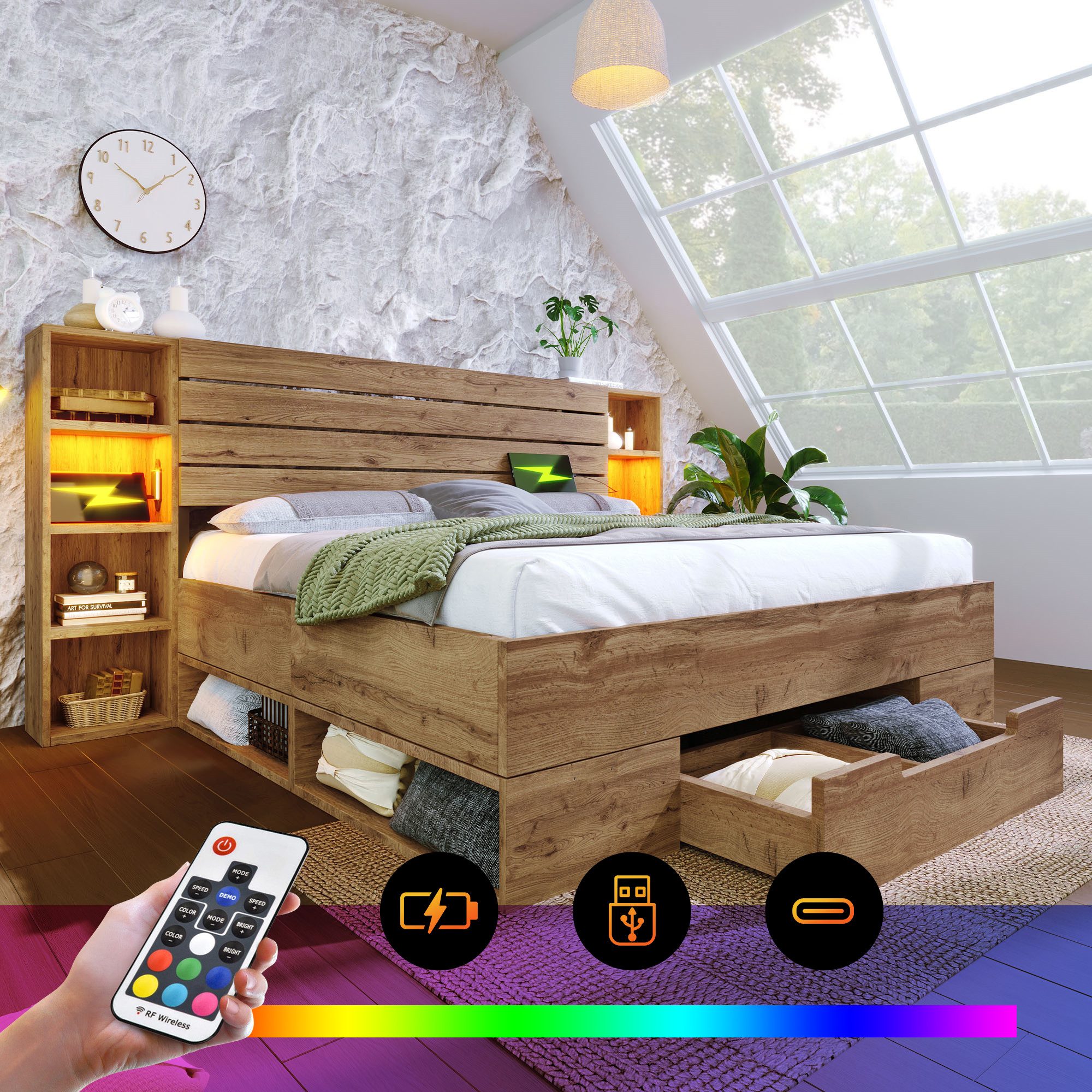 STILVORA Bettgestell 160×200 Massivholzbett Doppelbett mit LED-Beleuchtung & USB C,Stauraum (Struraumbett, Doppelbett Funktionsbett, 1-tlg., 160×200cm, ohne Matratze), Stauraumbett Bettanlage mit LED-Beleuchtung und USB/Type C